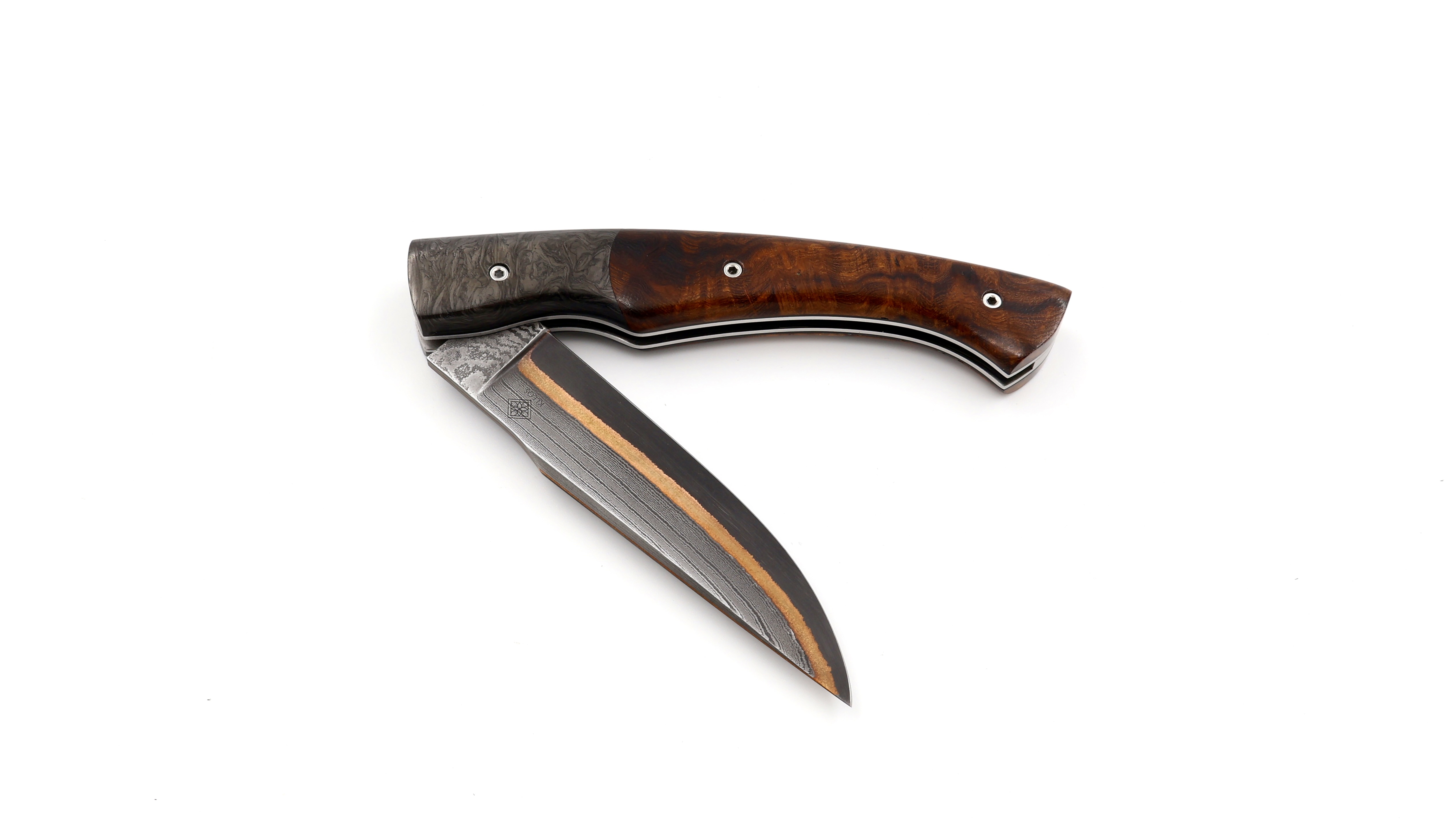 KLEOS Taschenmesser LYKOS Karbon/Wüsteneisen Wurzelholz GoMai Sunset Damast 