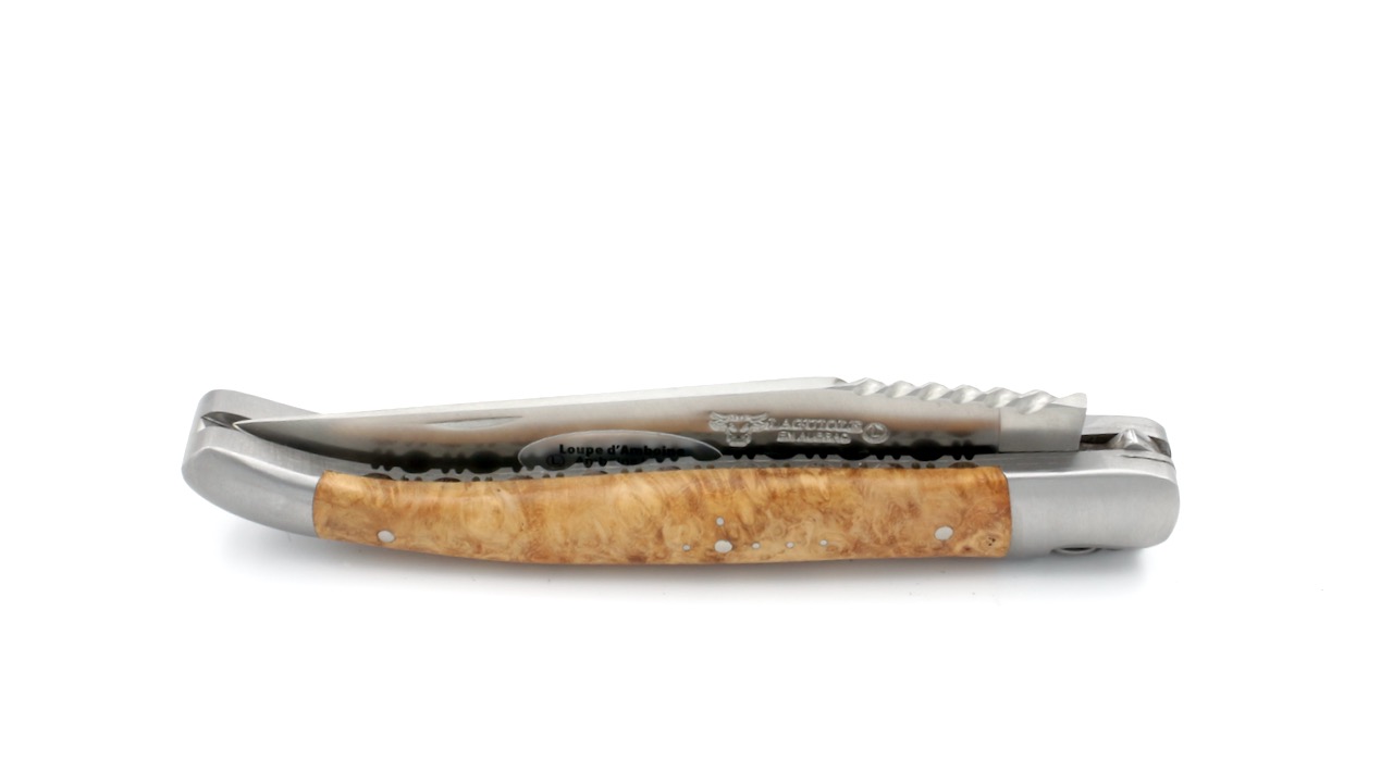 Laguiole en Aubrac doubleplate knife amboina burlwood spiral spring 12 cm