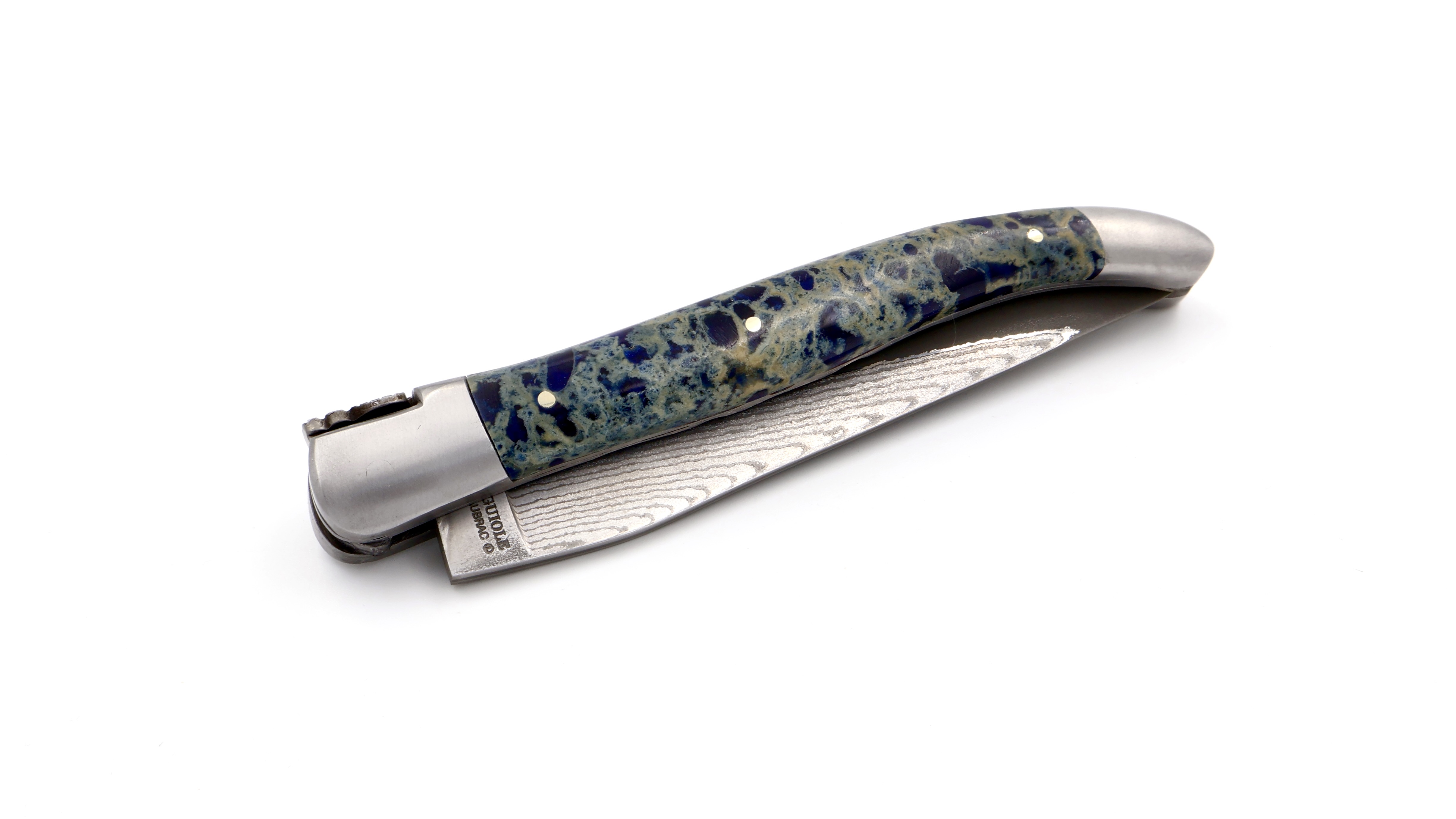 Laguiole en Aubrac jap. Damast  blauer Lavastein Doppelplatine 12 cm  Laguiole en Aubrac jap. Damast  blauer Lavastein Doppelplatine 12 cm