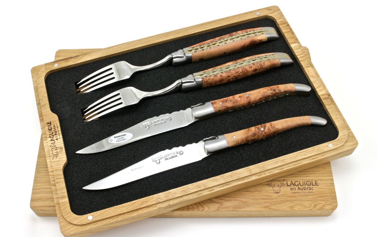 Laguiole en Aubrac Laguiole Doppelplatinen Besteckset 2 Steakmesser 2 GabelN Wacholder Set 4-tlg.