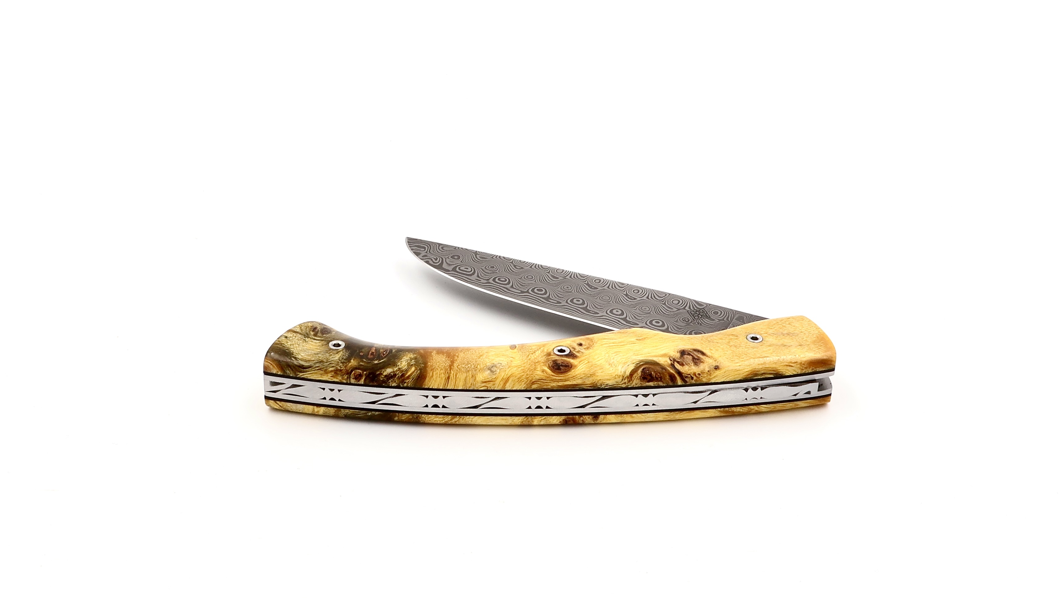 KLEOS folding knife LYKOS burl of polplar wood damascus blade