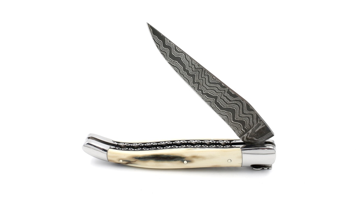 Laguiole en Aubrac Linien Damast Mammutelfenbein Kruste Doppelplatinen mit Spiralfeder 12 cm