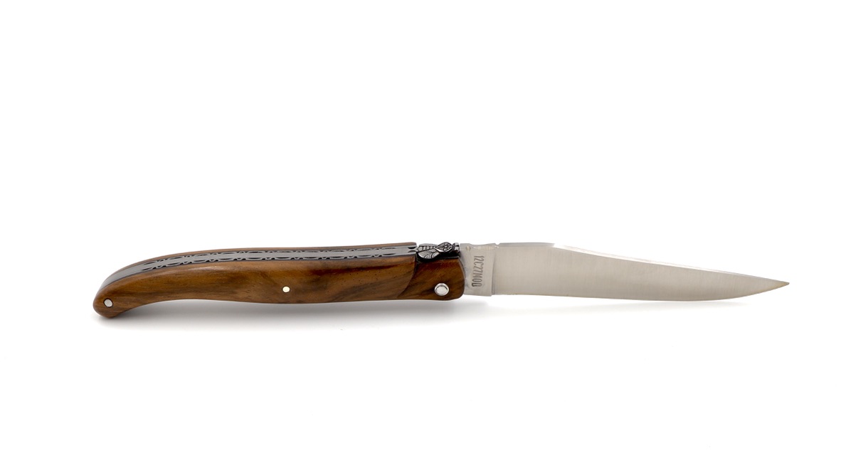 Laguiole en Aubrac Walnuss Wurzelholz guillochiert 3-D Biene massiver Griff 12 cm 