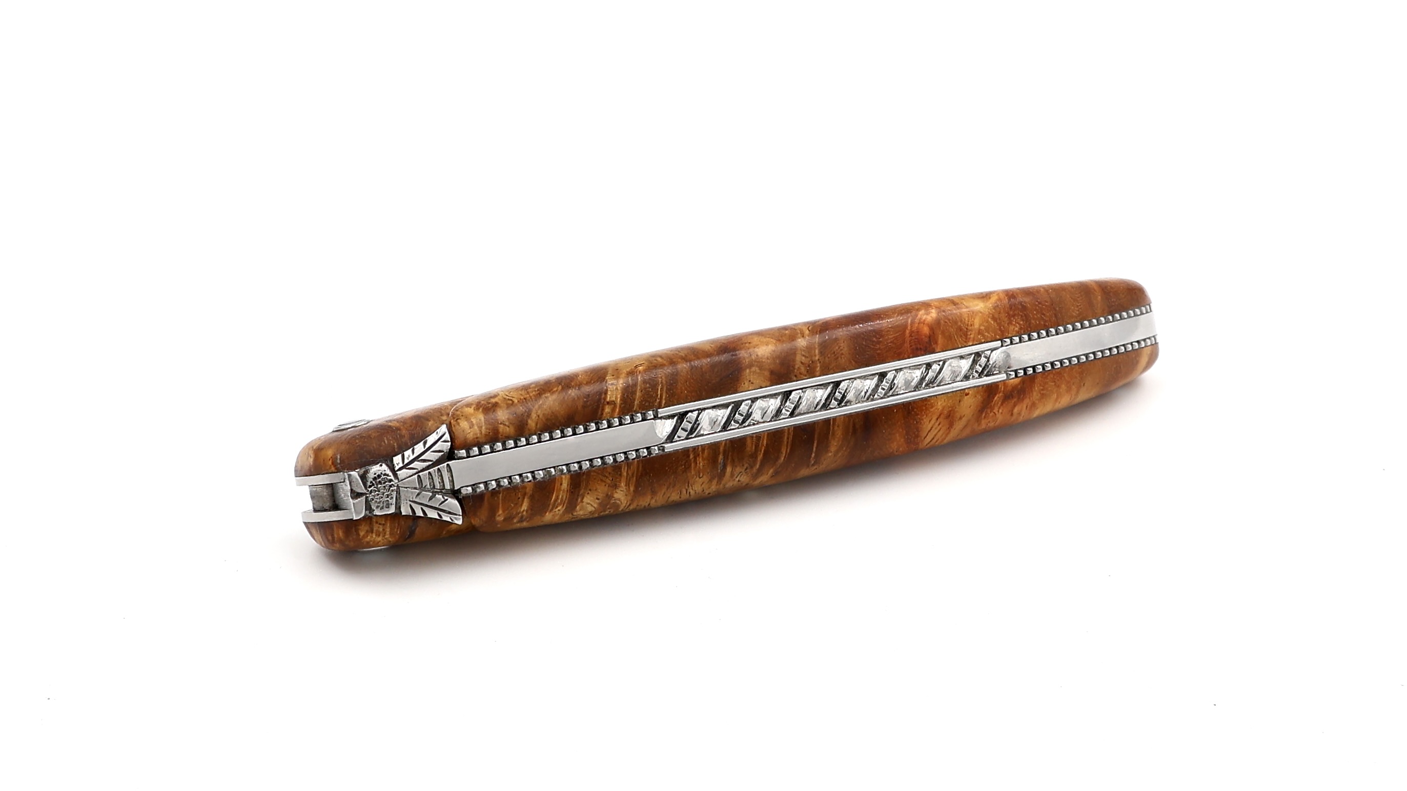 Laguiole en Aubrac Meisterstück Perle Gold Amboina Wurzelholz guillochiert massiver Griff 12 cm