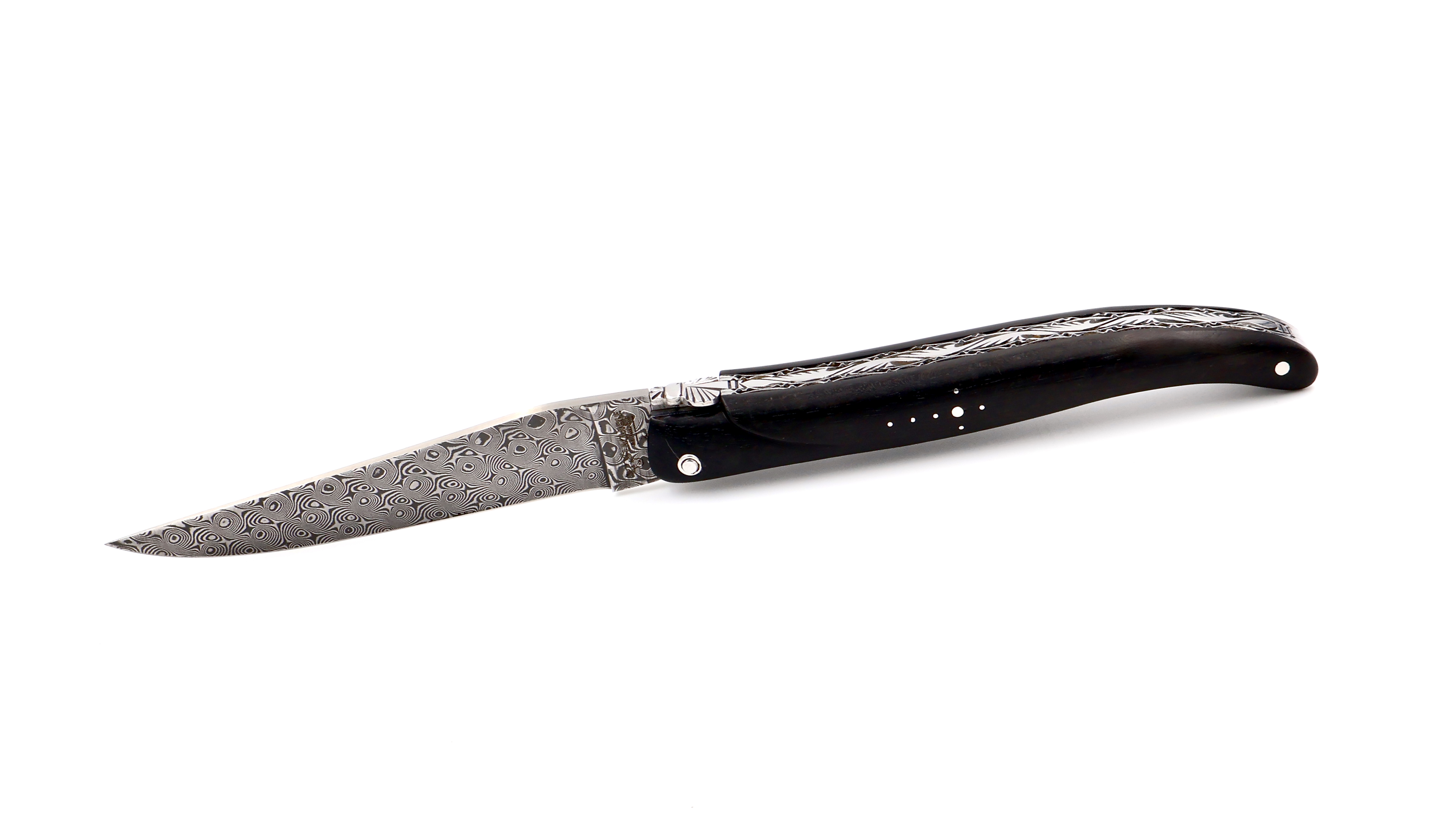 Laguiole en Aubrac damascus ebony full handle with double plates 12 cm shiny