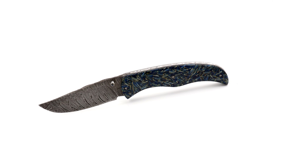 Olivier Moretti  Linerlock Taschenmesser RIZZ blau Damastklinge Olivier Moretti  Linerlock Taschenmesser RIZZ blau Damastklinge