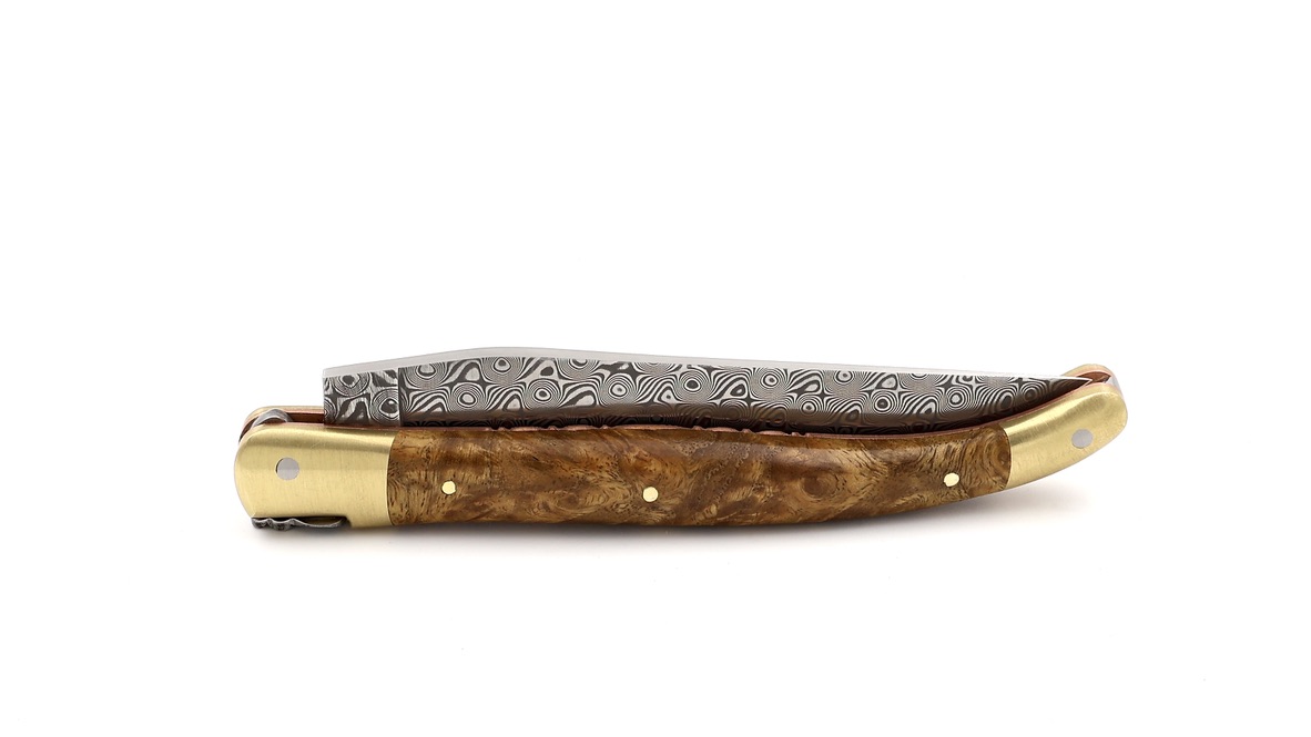 Laguiole en Aubrac BIJOU DSC® Rosendamast Amboina Wurzelholz guillochierte Platine 12 cm