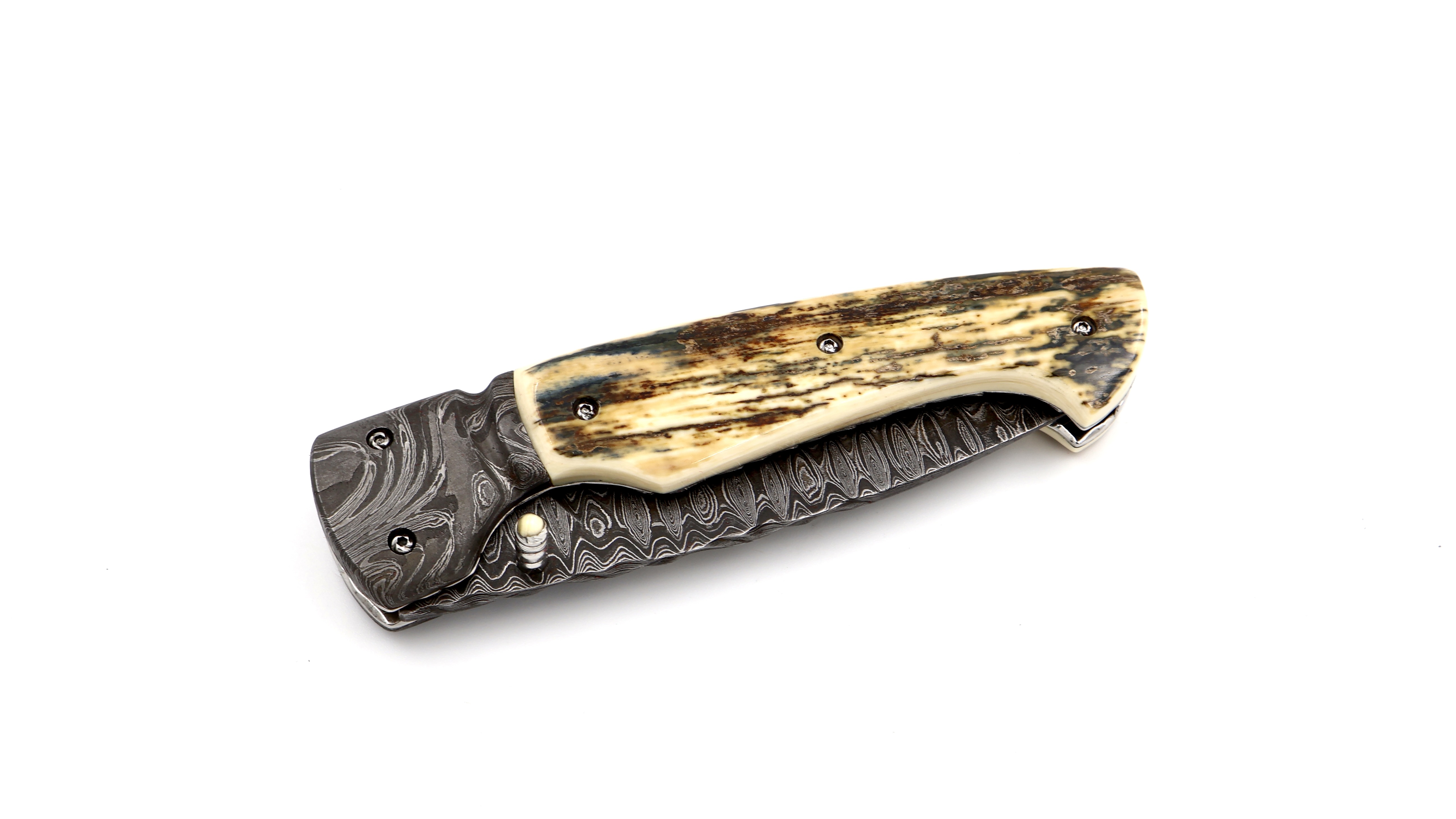 Oliver Moretti linerlock knife damascus mammoth ivory