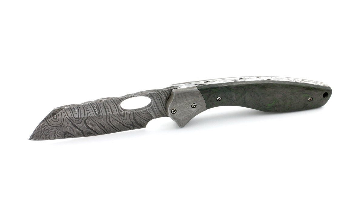 Olivier Moretti  Linerlock Taschenmesser FAT Carbon Damastklinge 