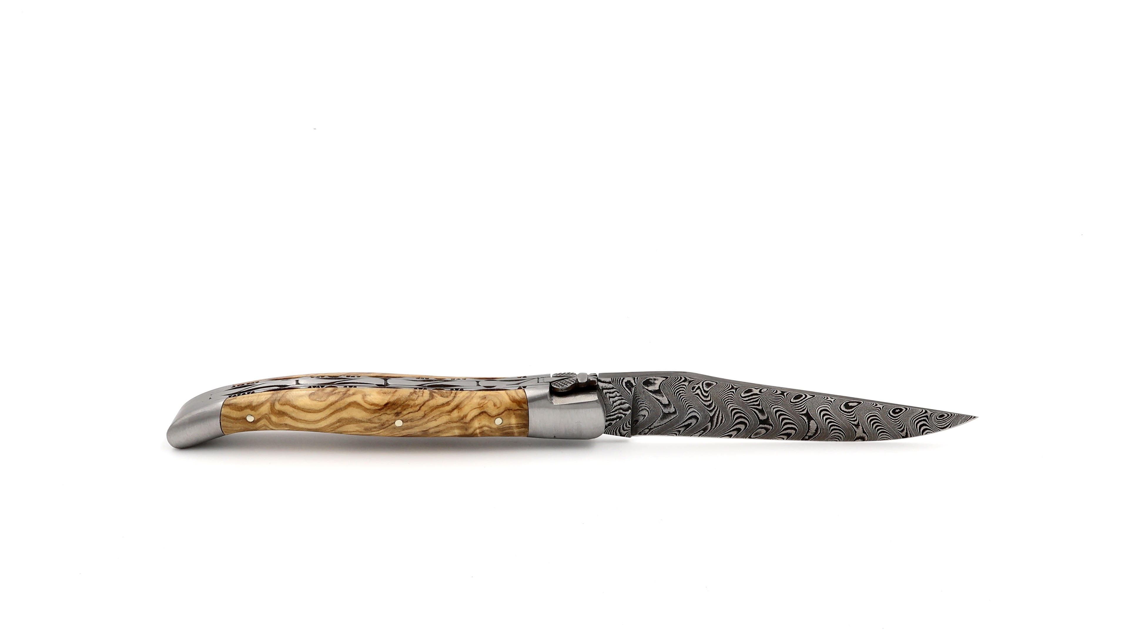 Laguiole en Aubrac damascus olive wood with double plates 12 cm mat