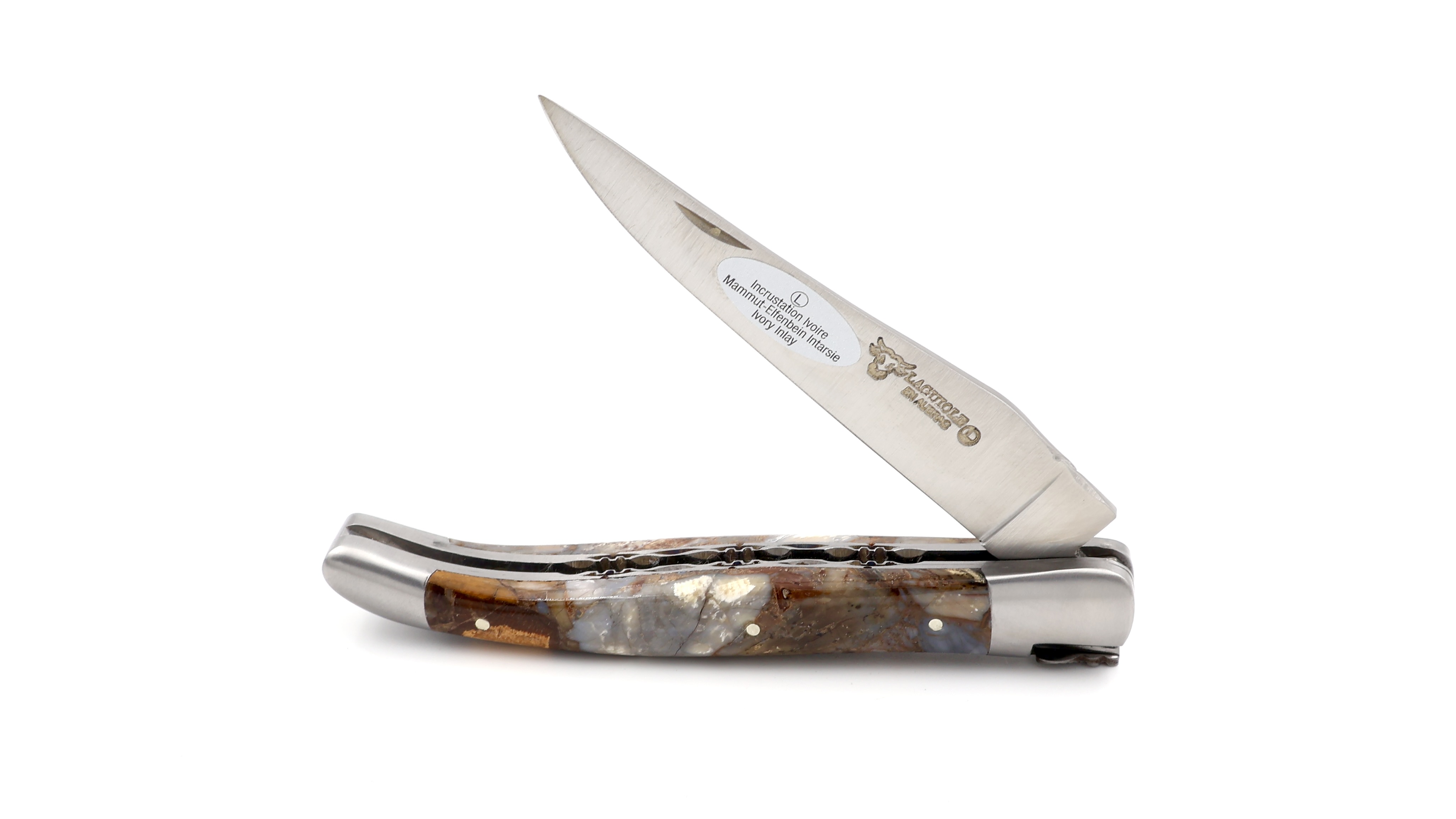 Laguiole en Aubrac Laguiole knife pieces of mammothivory doubelplates 12 cm grey