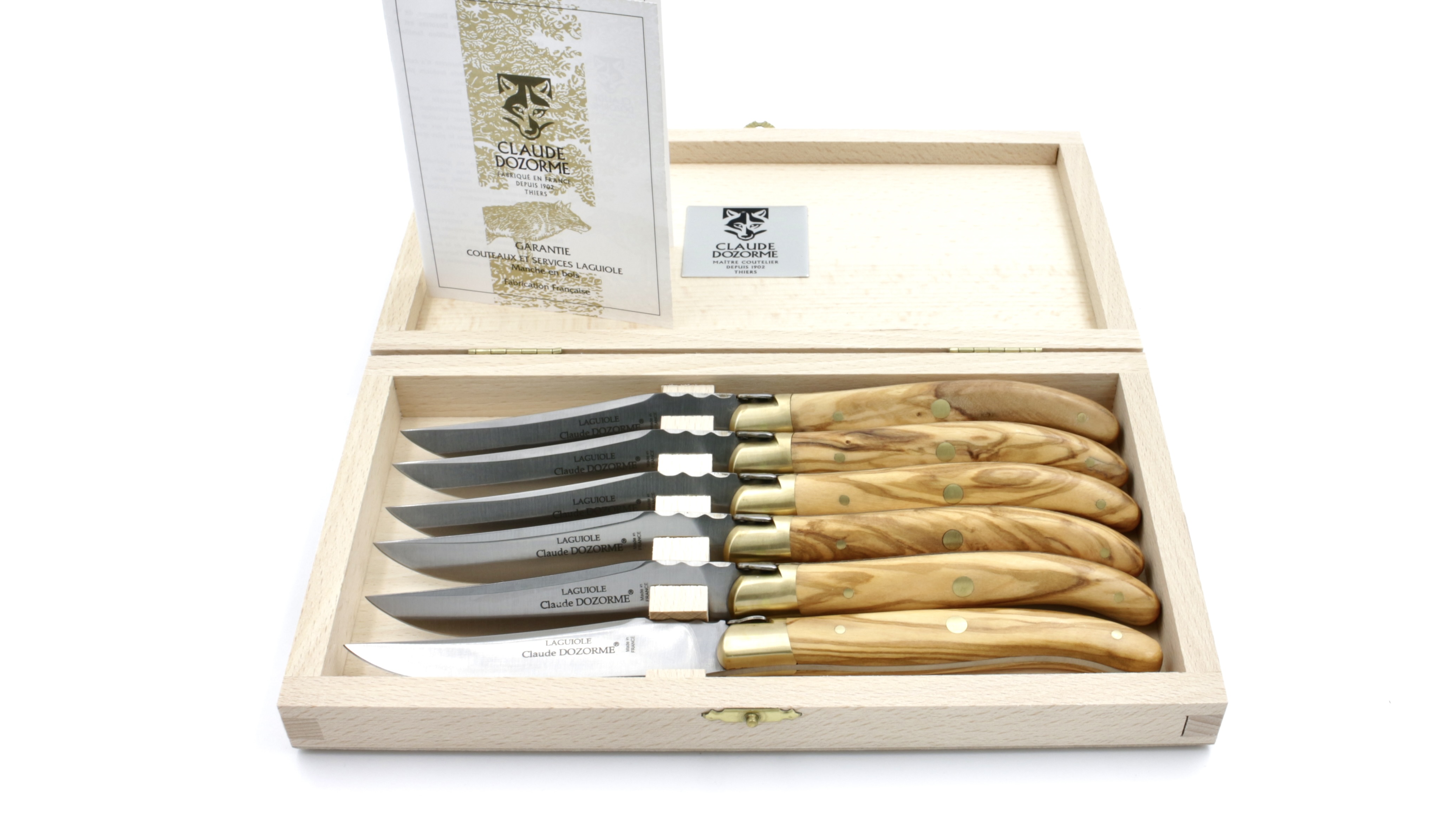 Claude DOZORME Laguiole steak knives set of 6 olive wood. brass bolsters