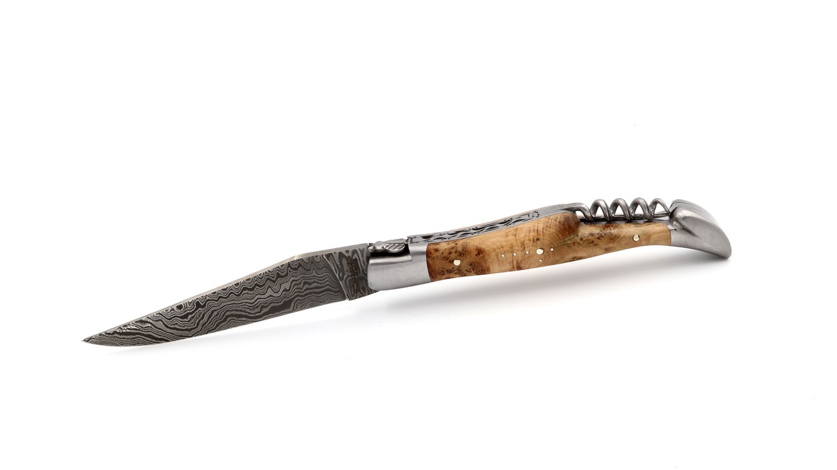 Laguiole en Aubrac double plate knife damascus corkscrew Juniper 12 cm