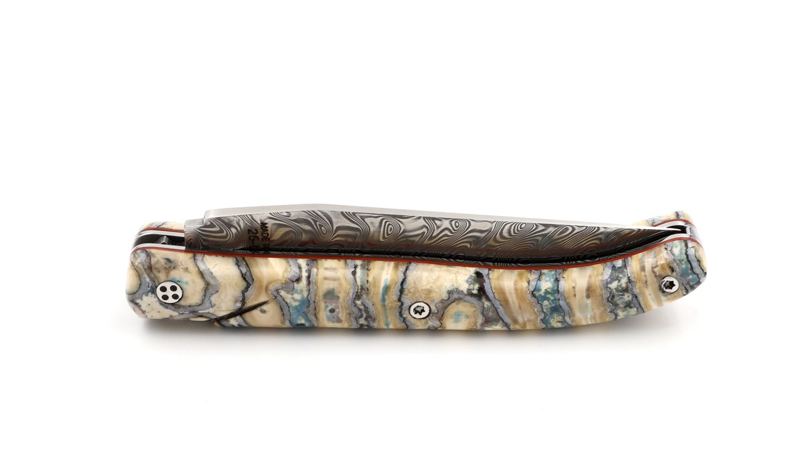 Claude DOZORME Laguiole Messer L'ATELIER Mammut-Backenzahn hellblau 12 cm Damastklinge   