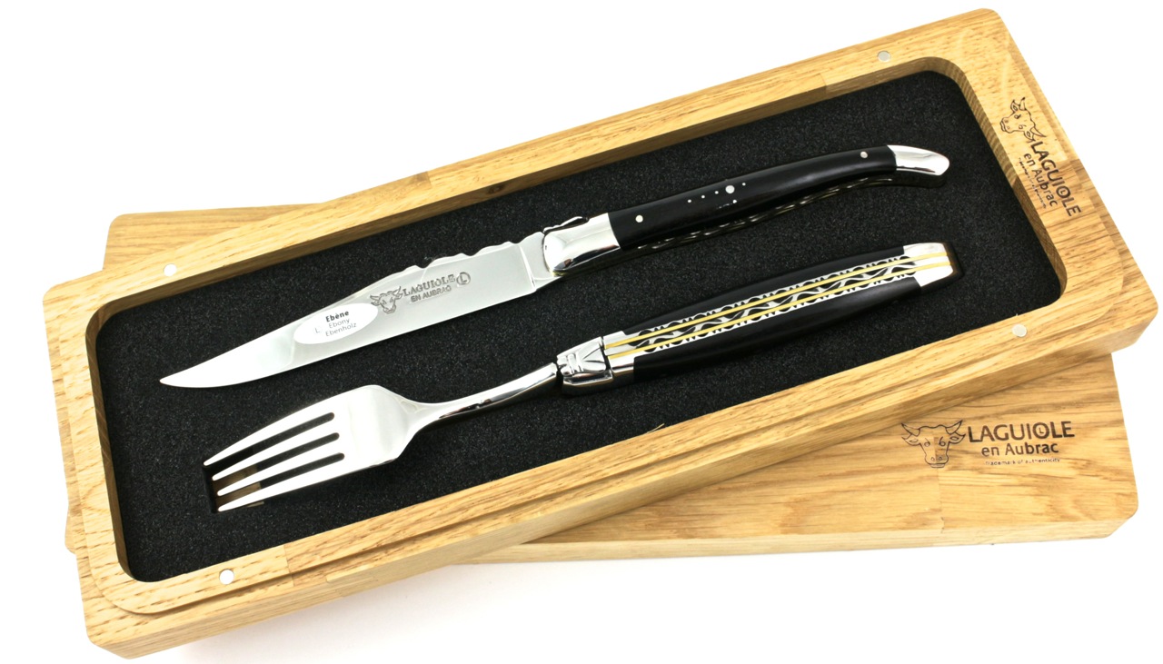 1M-1G-DP-EBENHOLZ-POLIERT Laguiole en Aubrac Laguiole Doppelplatinen Besteckset 1 Steakmesser 1 Gabel Ebenholz Set 2-tlg.