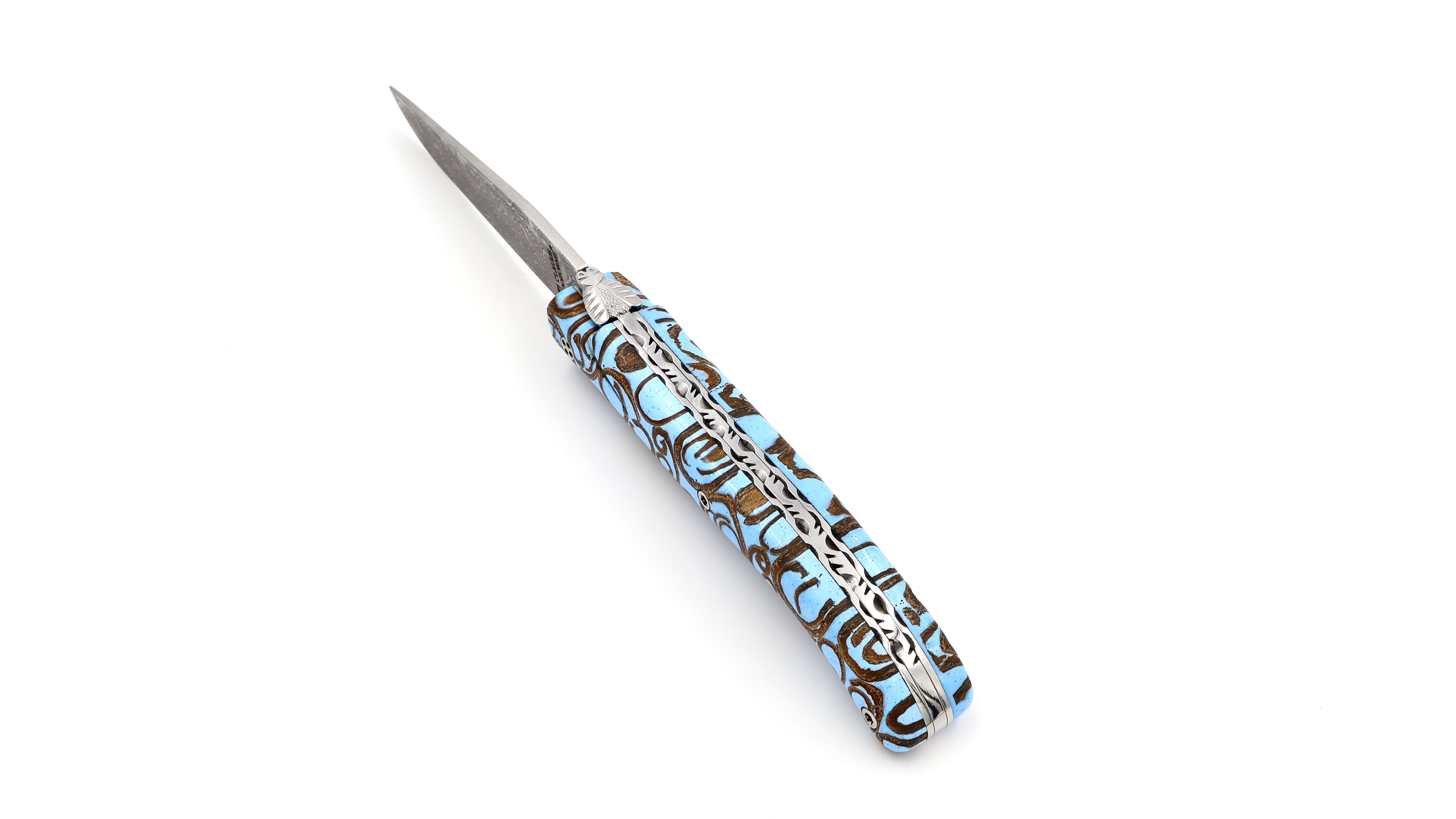 Claude DOZORME Laguiole Canella lightblue 12 cm damascus Claude DOZORME Laguiole Canella lightblue 12 cm damascus