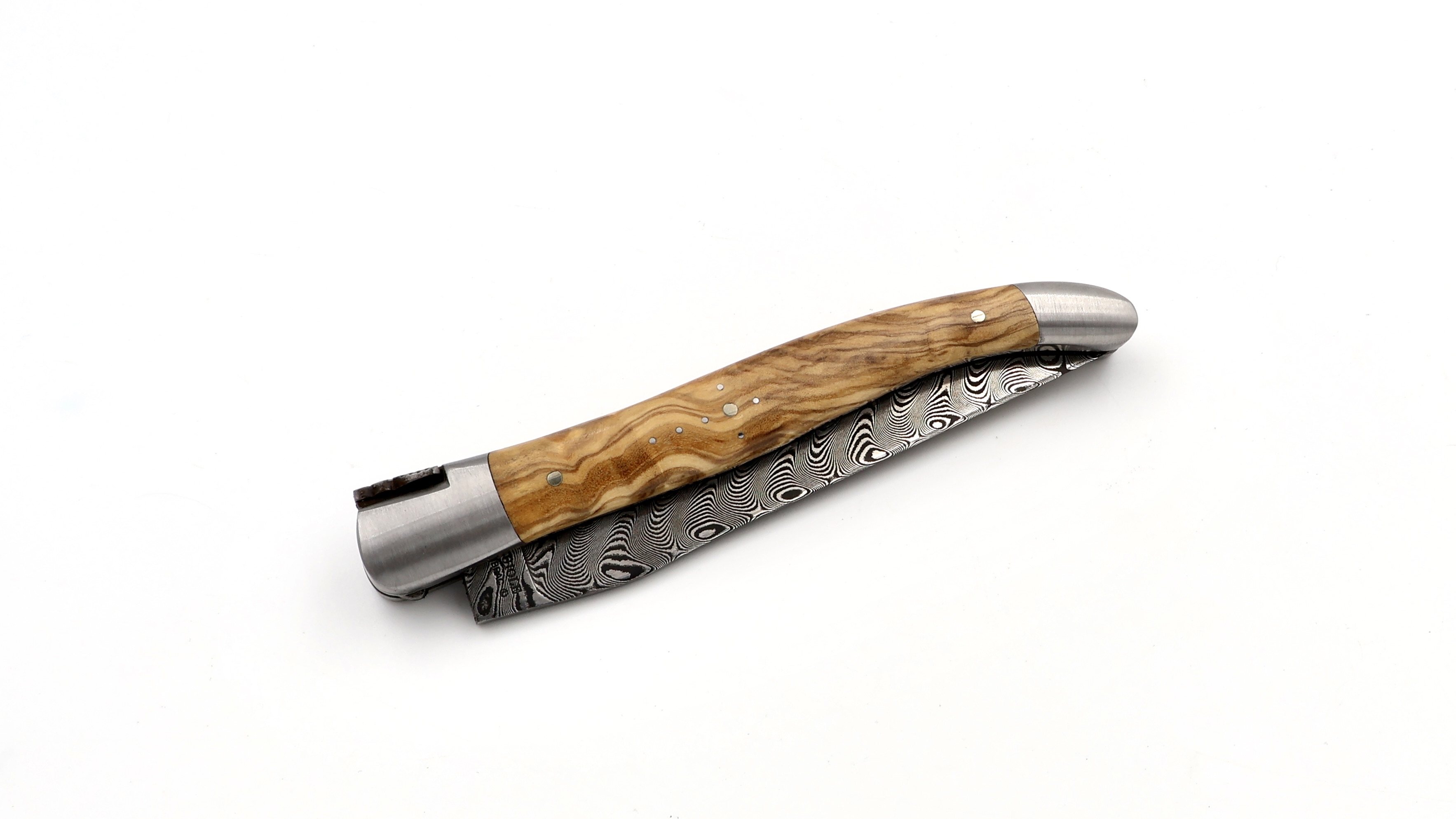 Laguiole en Aubrac damascus olive wood with double plates 12 cm mat