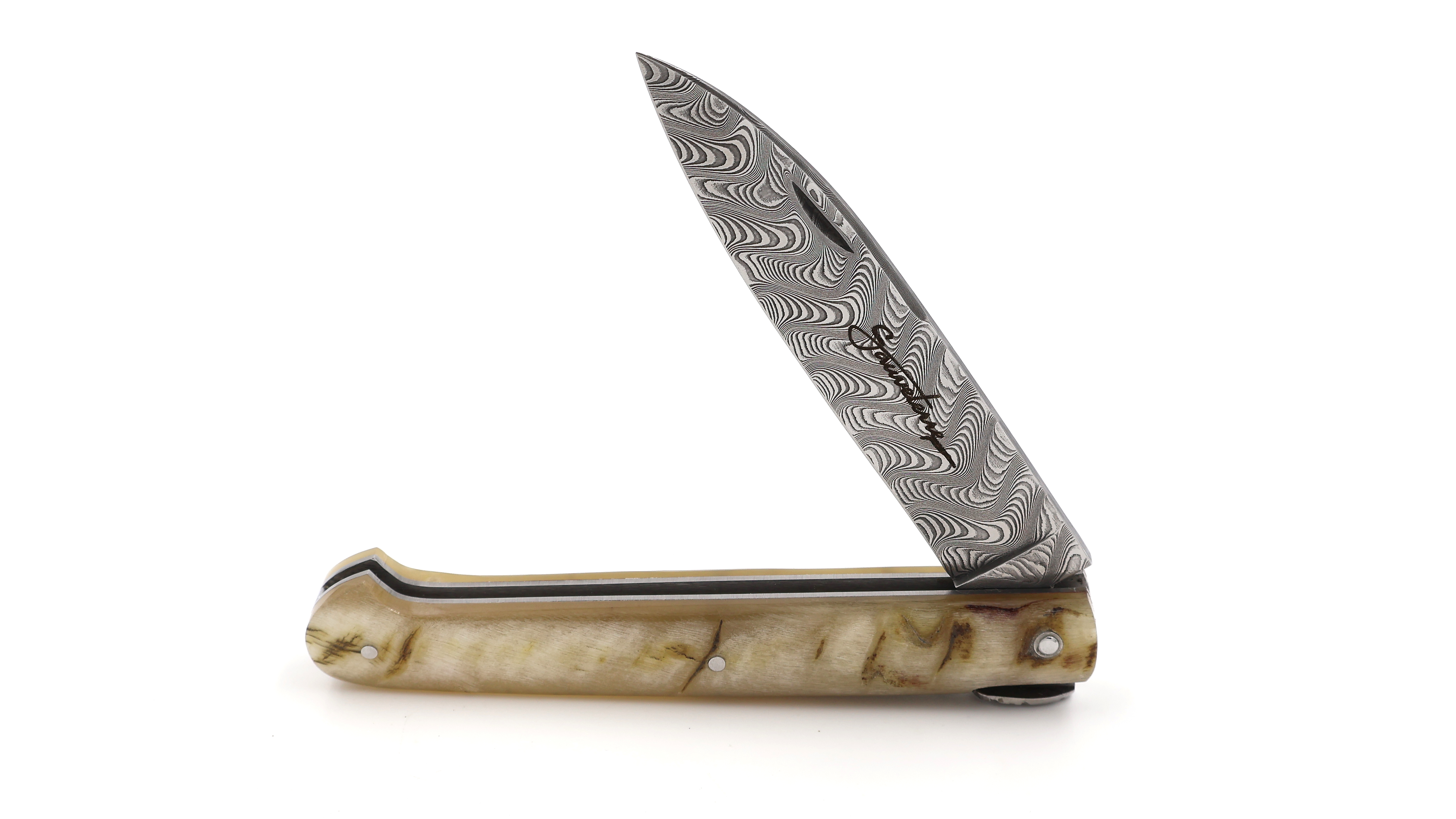 SAUVETERRE knife chiseled ram horn damascus blade 11 cm