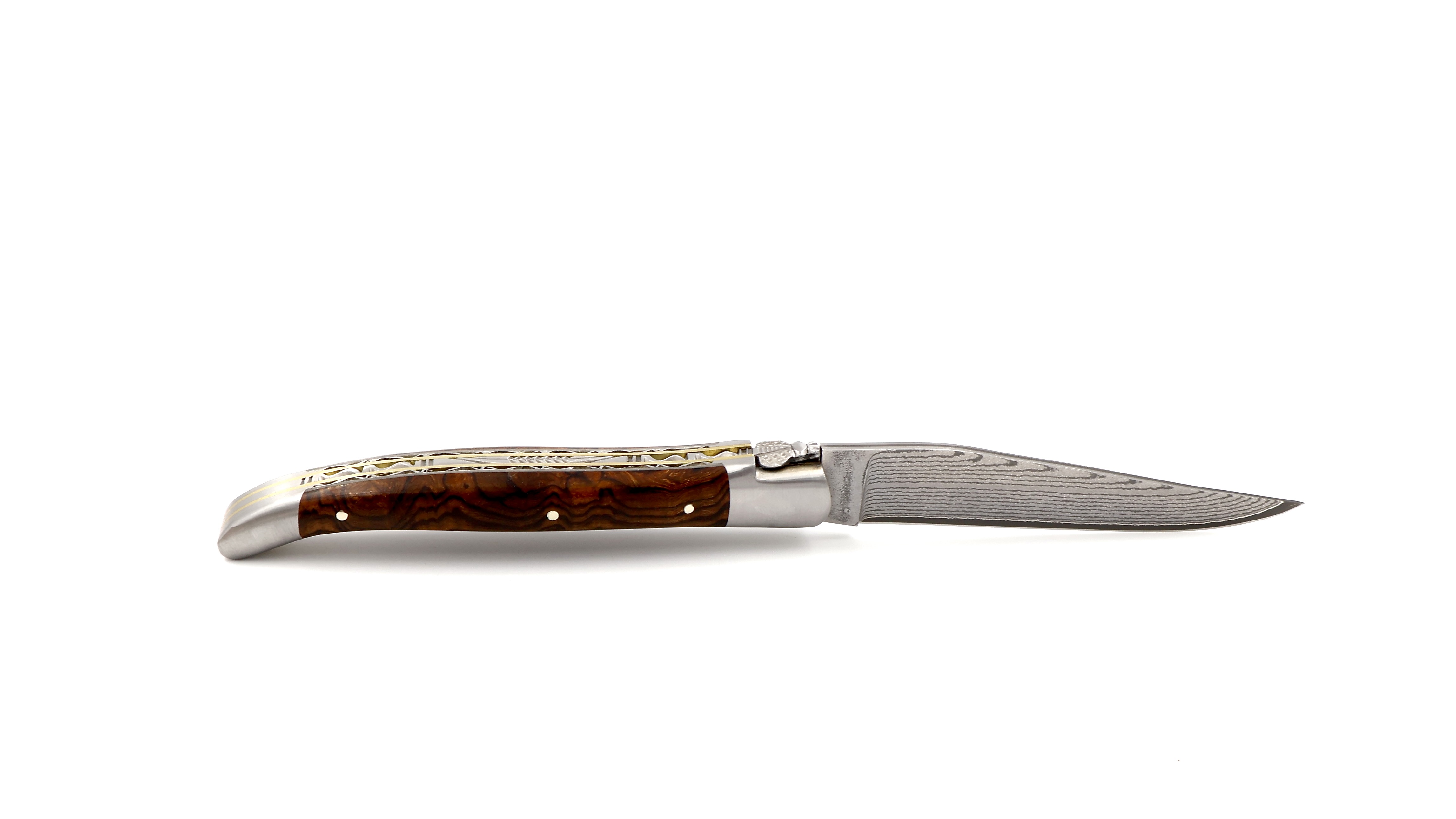 Laguiole en Aubrac jap. Damastklinge Wüsteneisenholz Wurzel Messing Doppelplatine 12 cm 