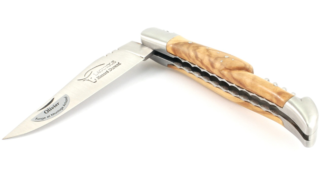 Honoré Durand Laguiole knife Prestige doubleplates with corkscrew olive wood 14C28 12 cm