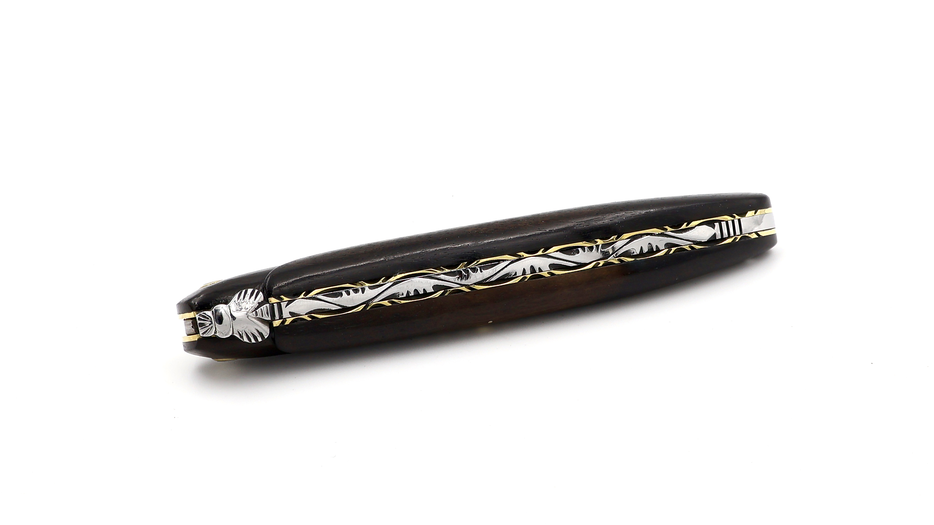 Laguiole en Aubrac Ebony full handle chiseled brass plates 12 cm