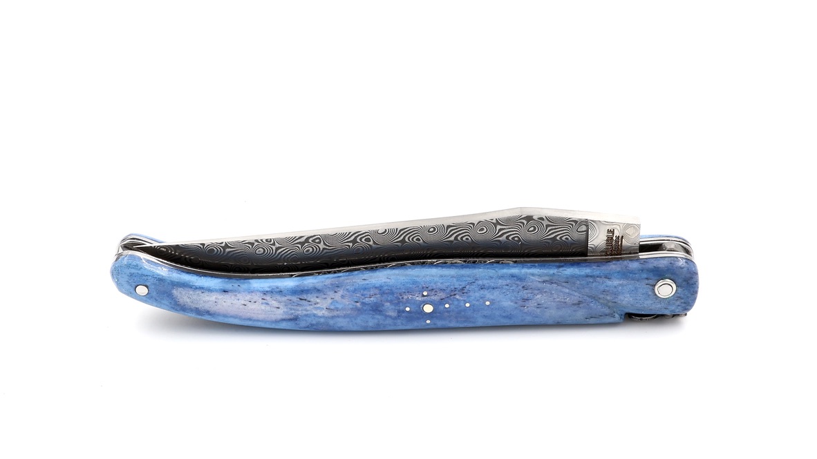 Laguiole en Aubrac damascus camel bone full handle with double plates 12 cm shiny