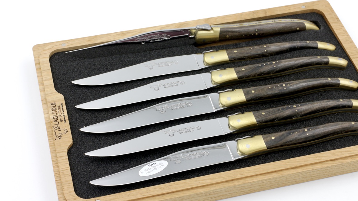 Laguiole en Aubrac fossile Mooreiche Messing Laguiole Steakmesser Set