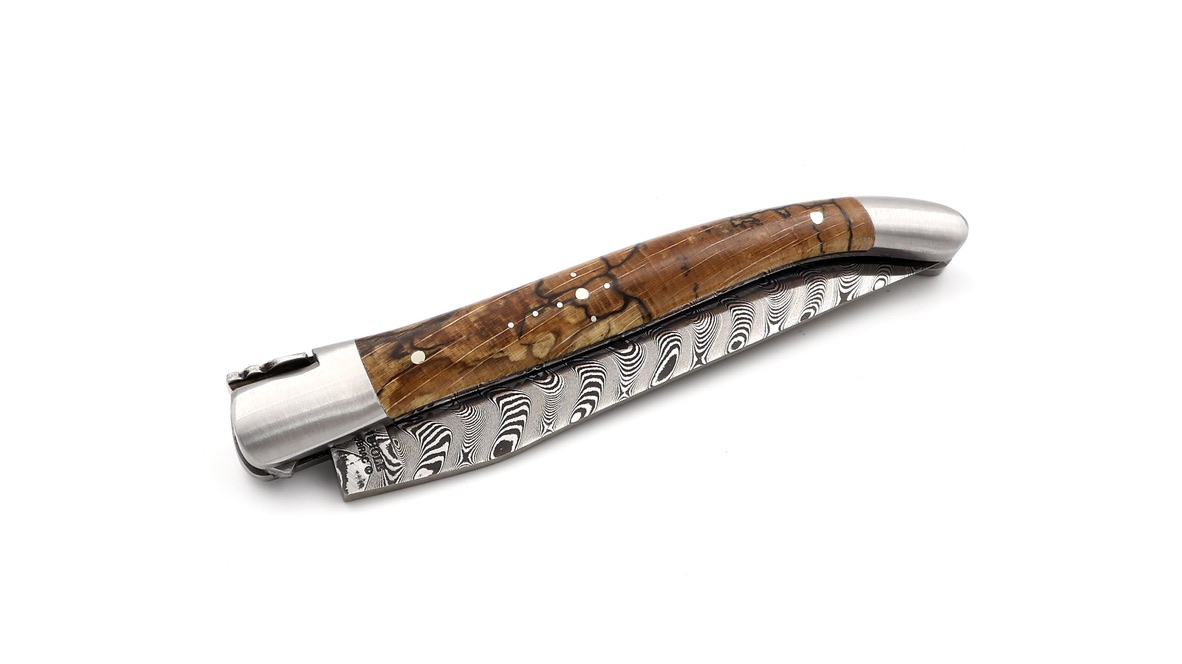 Laguiole en Aubrac DSC® Carbon Damast guillochierte Platine Aubrac Holz 12 cm  Laguiole en Aubrac DSC® Carbon Damast guillochierte Platine Aubrac Holz 12 cm