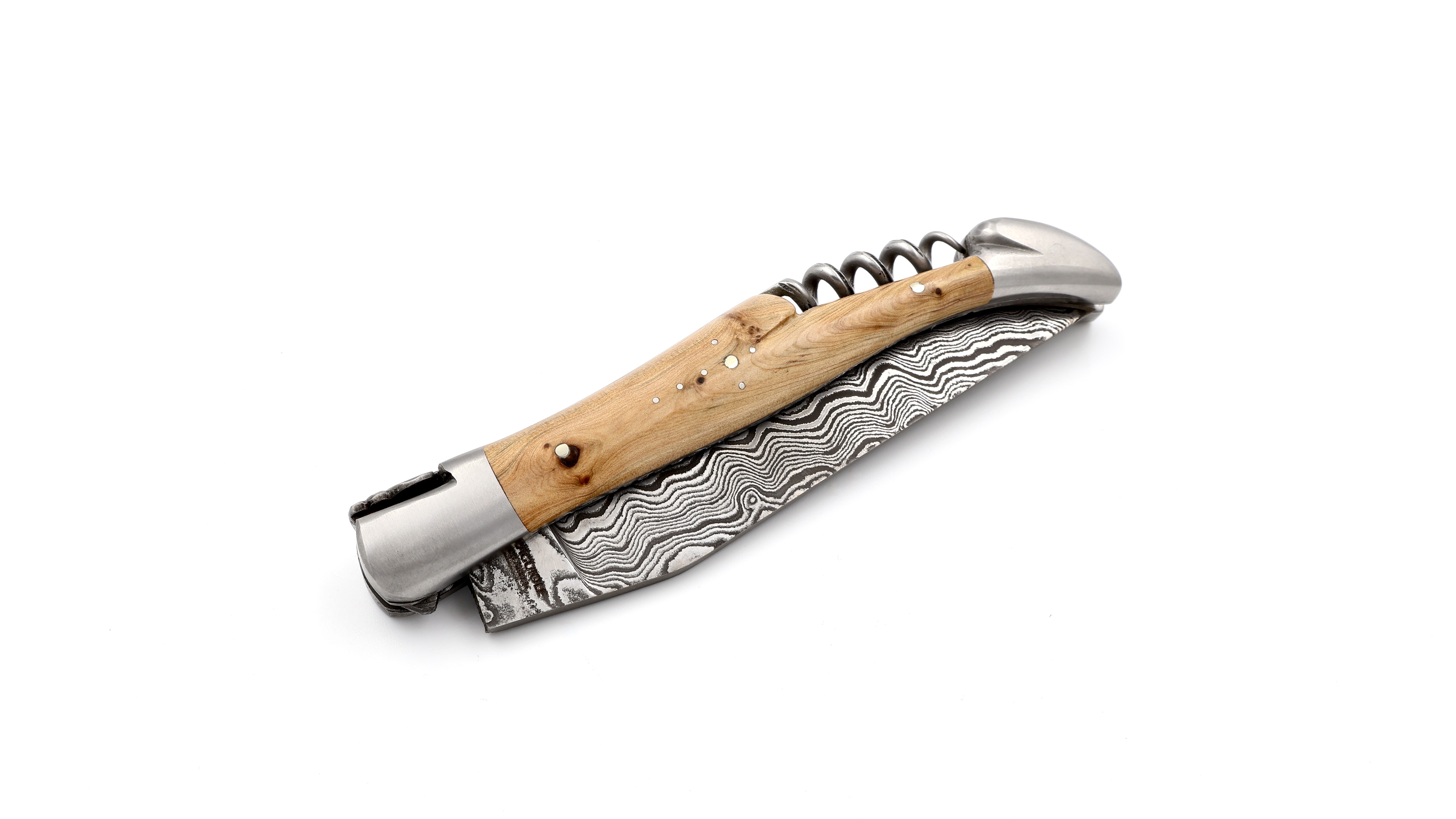 Laguiole en Aubrac double plate knife damascus corkscrew Juniper 12 cm