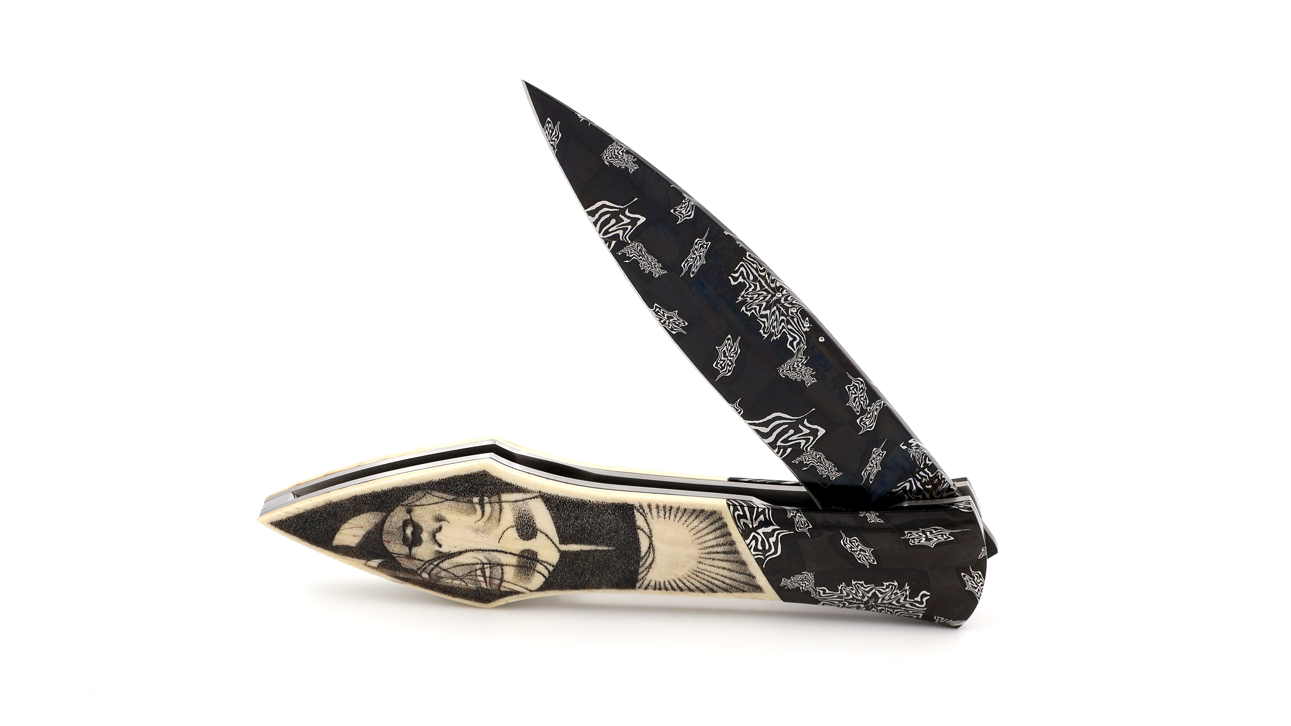 LARAUD Blades L’Oegopsyde Mammutelfenbein Scrimshaw Mosaik-Damastklinge