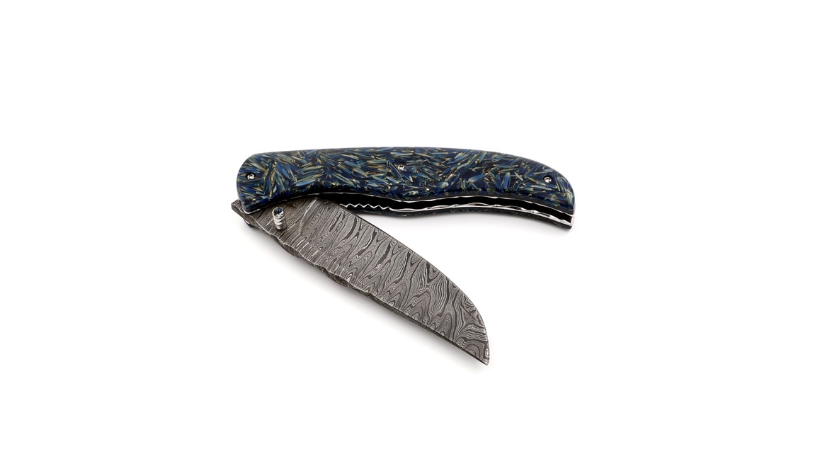 Olivier Moretti  Linerlock Taschenmesser RIZZ blau Damastklinge Olivier Moretti  Linerlock Taschenmesser RIZZ blau Damastklinge