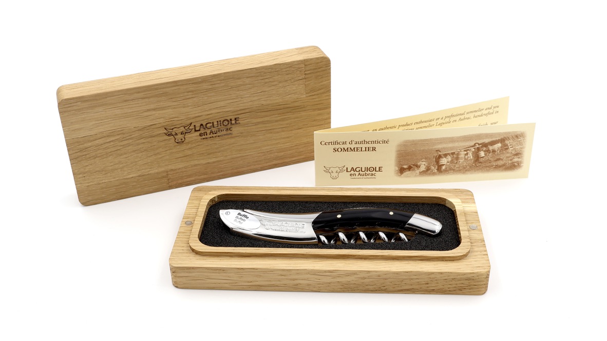 Laguiole en Aubrac Laguiole Sommelier knife buffalohorn with guillochage, special bee damascus