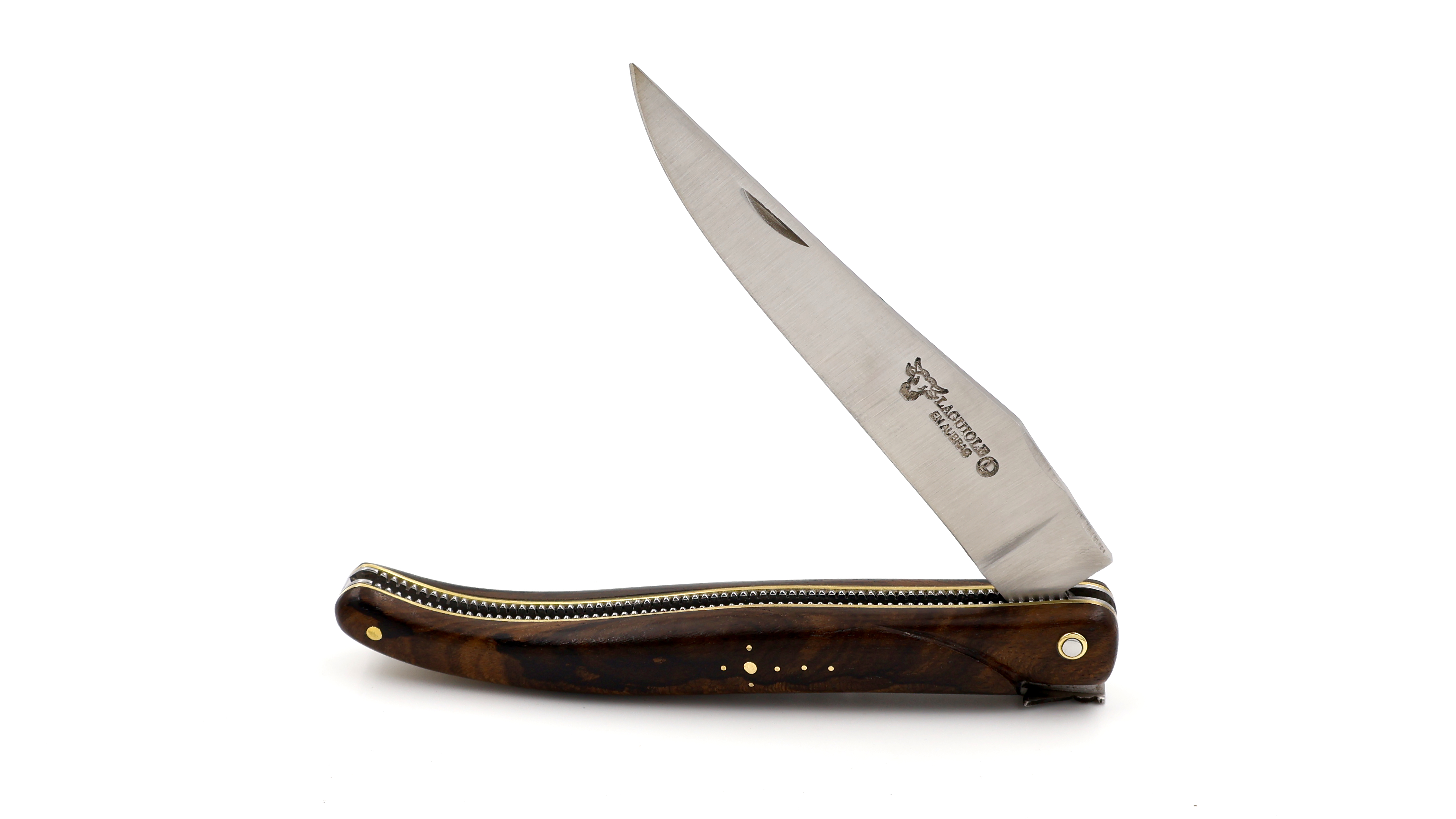 Laguiole en Aubrac Meisterstück "Perle" Walnuss Wurzelholz Doppelplatine Messing massiver Griff 12 cm