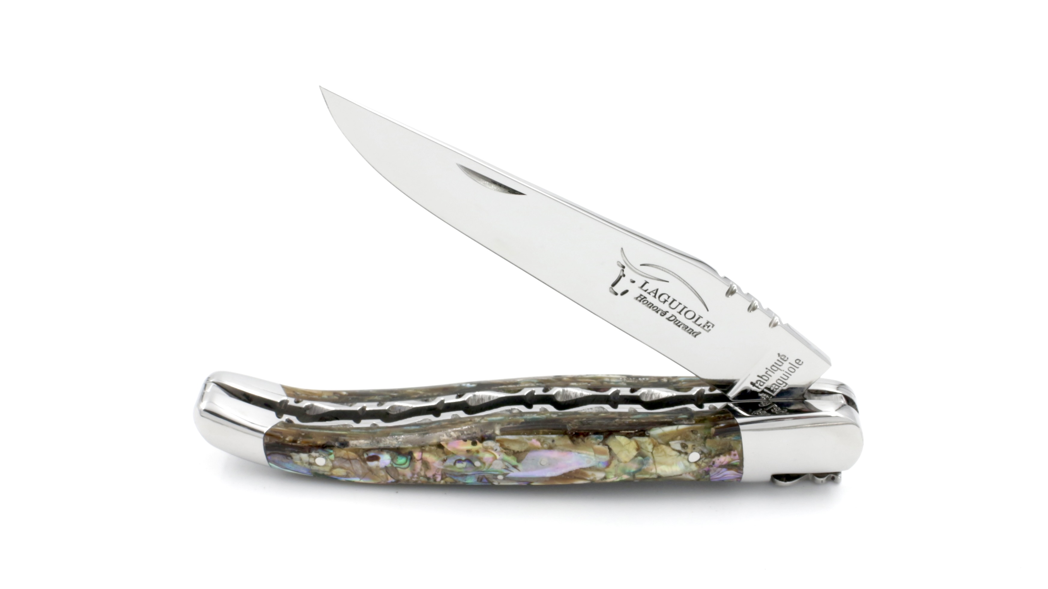 Honoré Durand Laguiole knife Prestige doubleplates Abalone shiny 14C28 12 cm