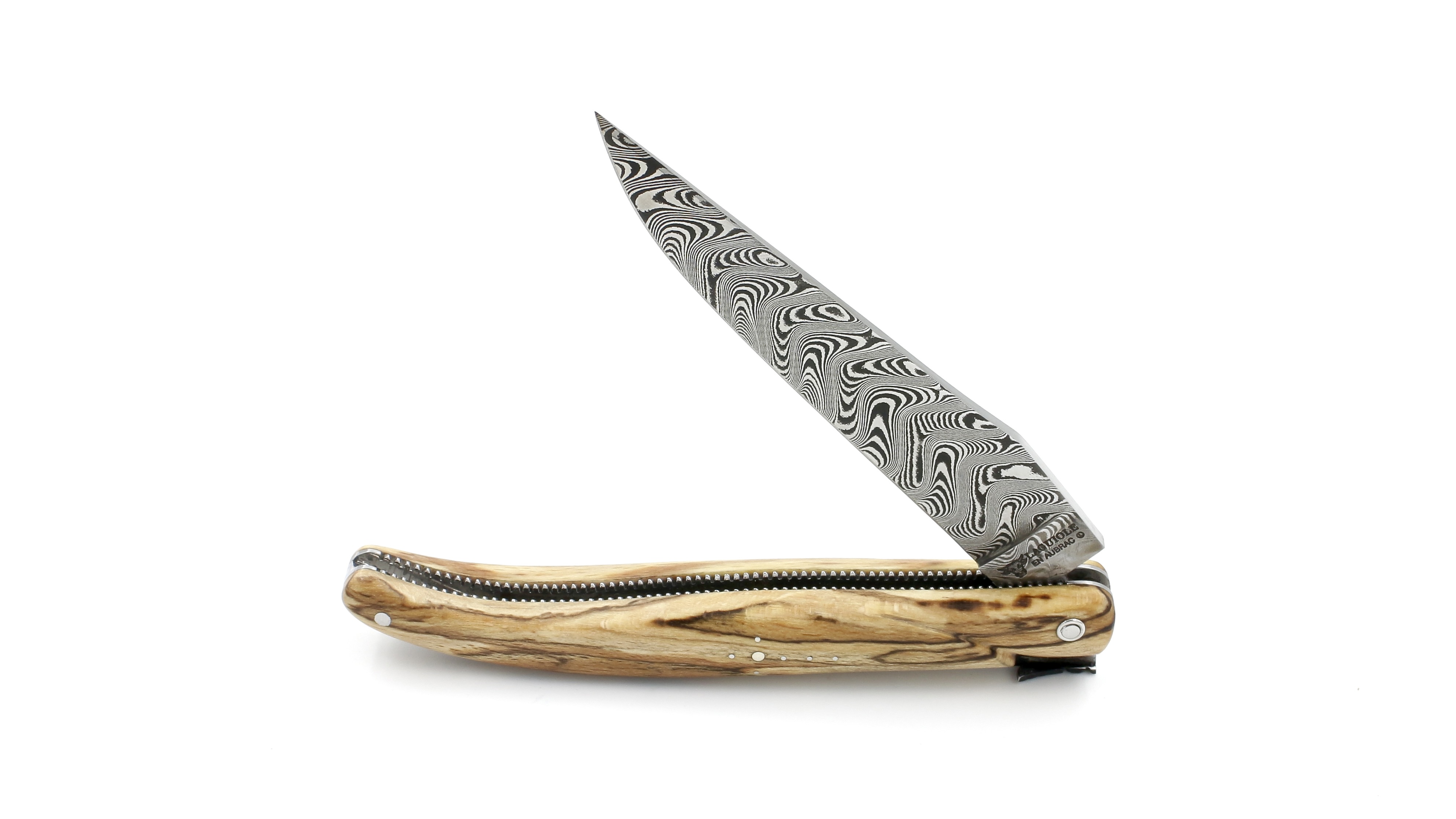 Laguiole en Aubrac aubrac wood pearl full handle chisled plates 12 cm DSC®  damascus