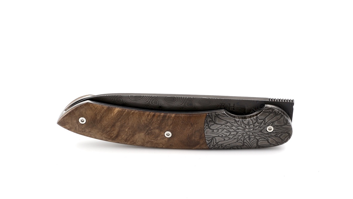 Benjamin Hée Liner Lock Taschenmesser Nussbaum Wurzelholz Achim Wirtz Damast 12 cm