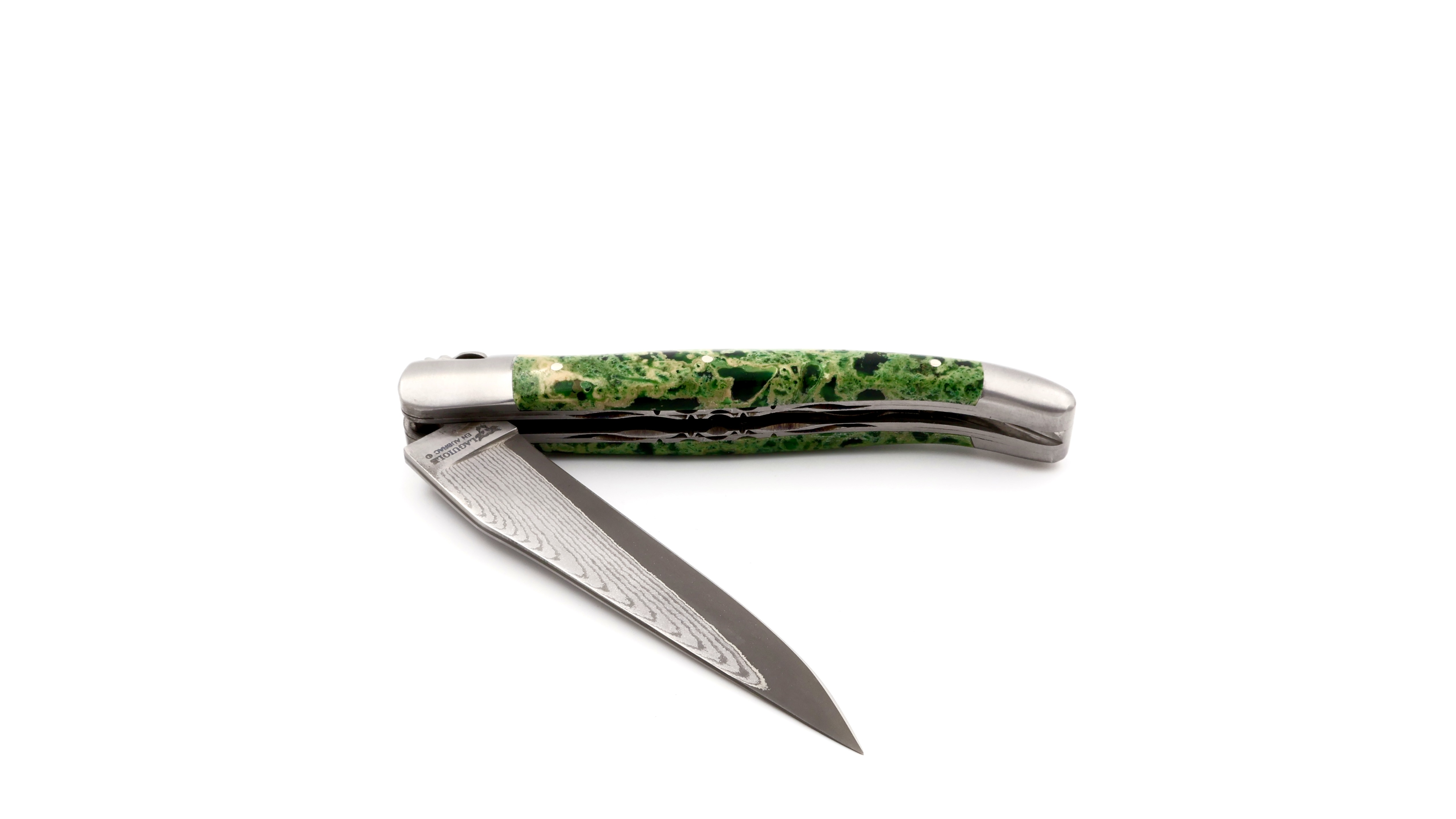 Laguiole en Aubrac Laguiole  VG10 damascus knife green lavastone doubelplates 12 cm