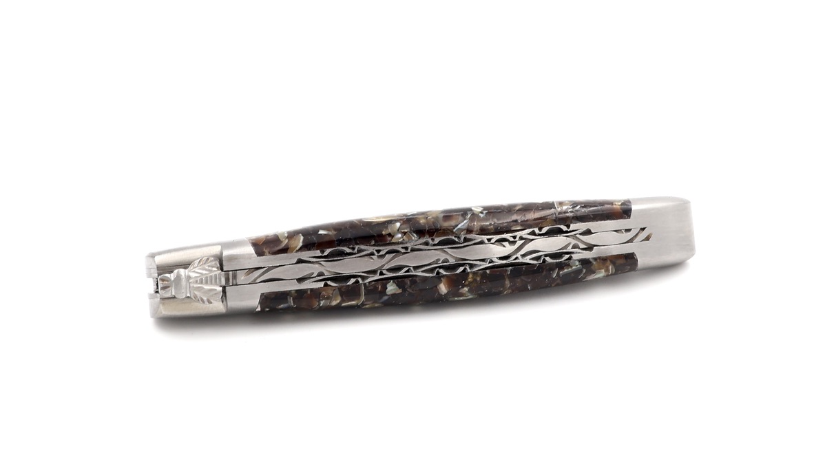 Laguiole en Aubrac DSC® damascus, abalone & mussel shell doubleplates 12 cm