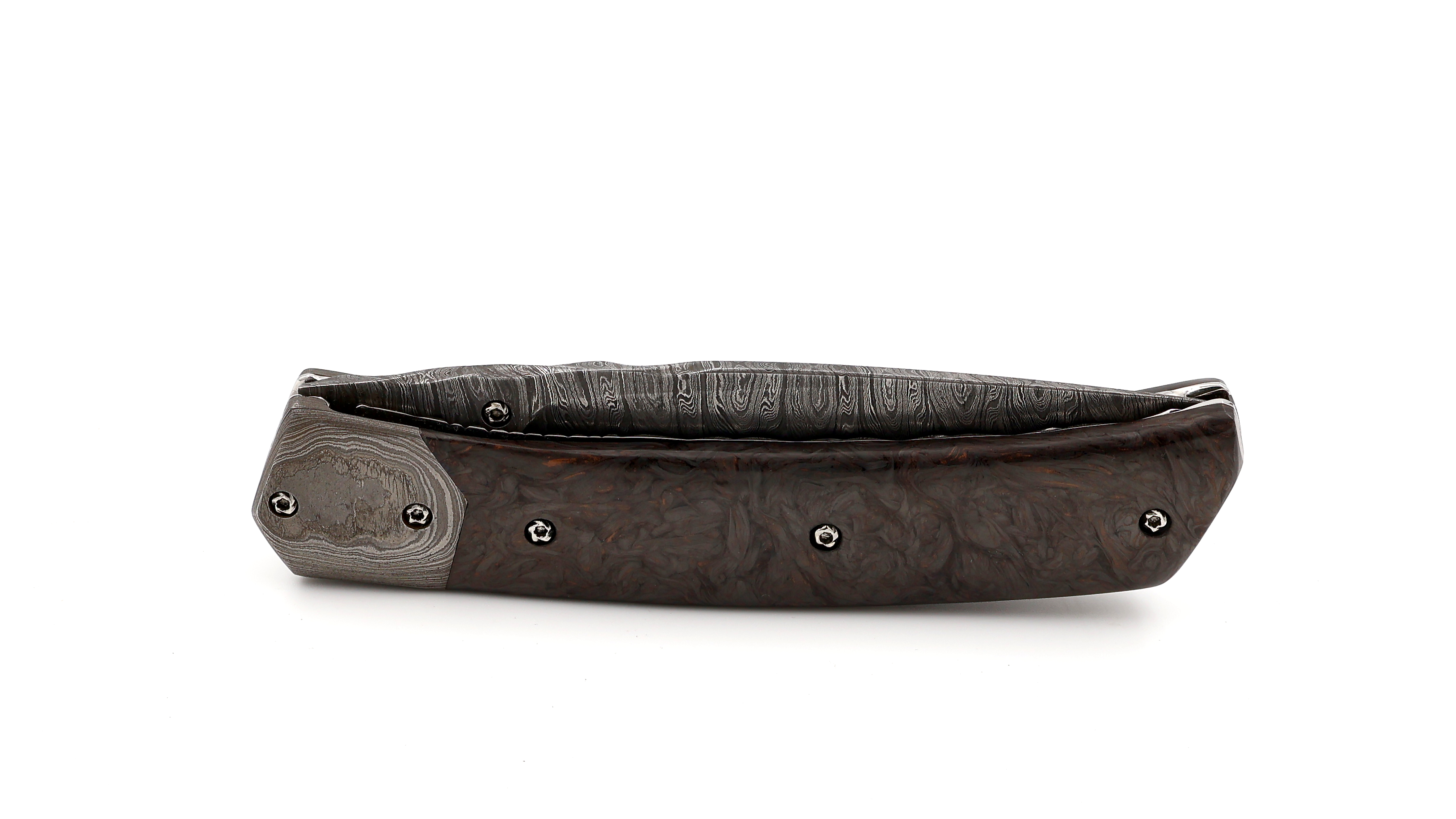 Olivier Moretti Linerlock Taschenmesser FAT Kupfer-Carbon Damastklinge
