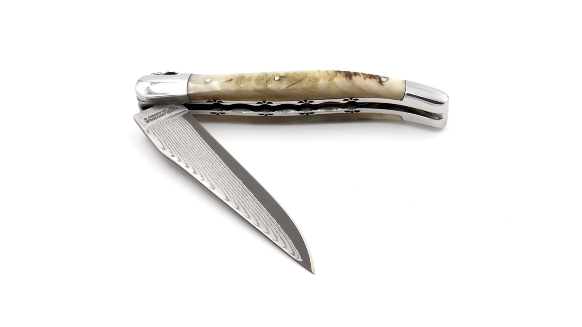 Laguiole en Aubrac jap. Damastklinge Widderhorn Doppelplatine 12 cm  Laguiole en Aubrac jap. Damastklinge Widderhorn Doppelplatine 12 cm