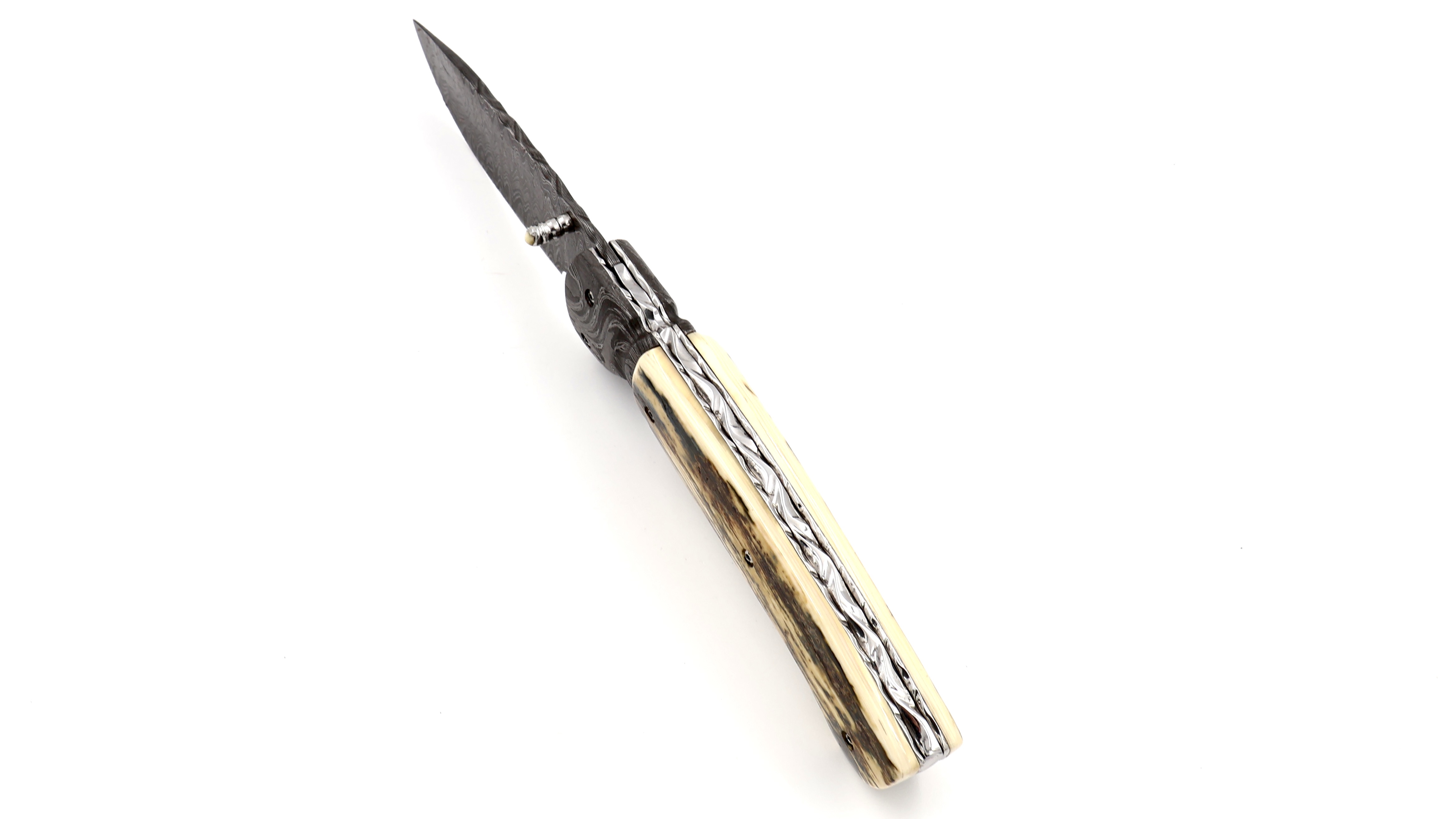 Oliver Moretti linerlock knife damascus mammoth ivory