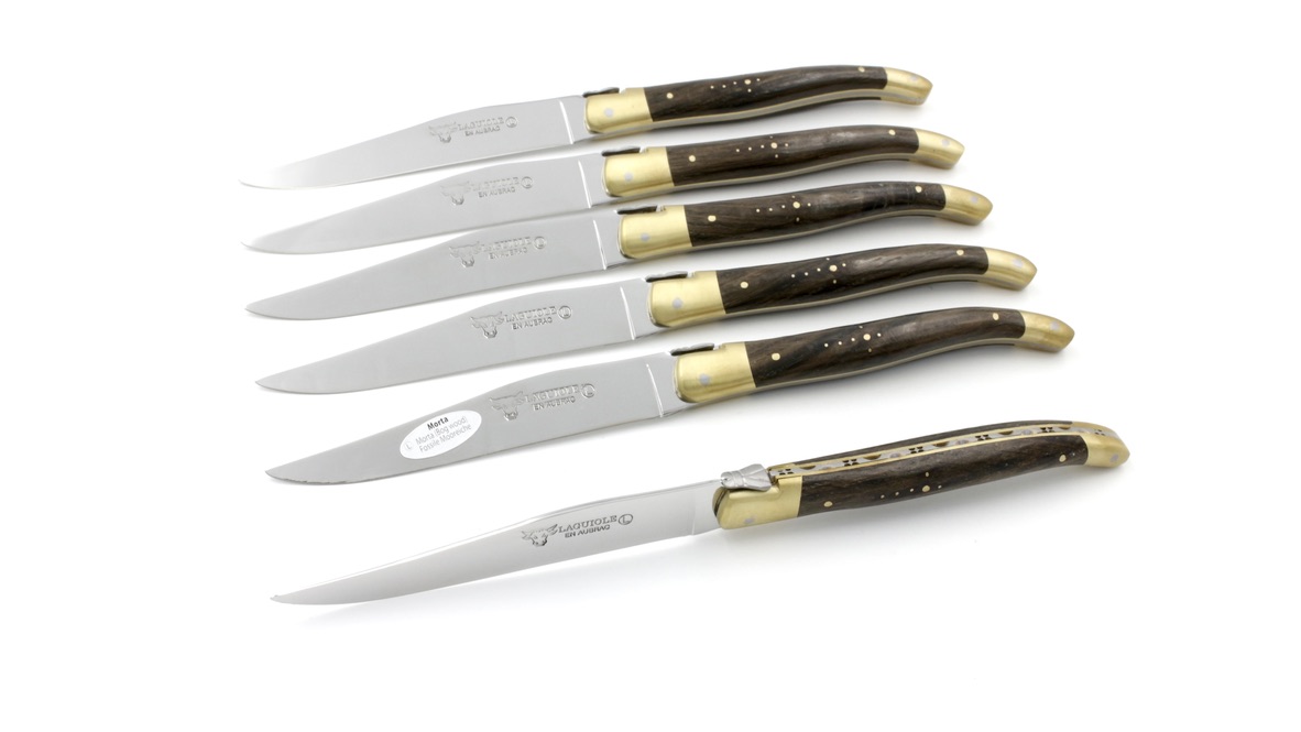 Laguiole en Aubrac fossile Mooreiche Messing Laguiole Steakmesser Set