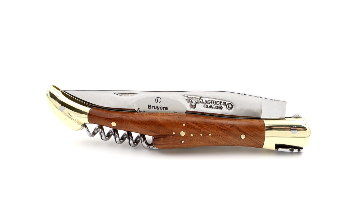 Laguiole en Aubrac bruyère wood brass bolster with corkscrew 12 cm