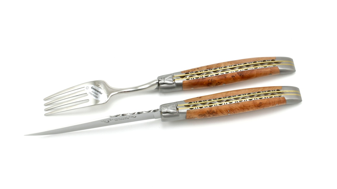 Messer-Gabel-DP-Wacholder-2 Laguiole en Aubrac Laguiole Doppelplatinen Besteckset 1 Steakmesser 1 Gabel Wacholder Set 2-tlg.