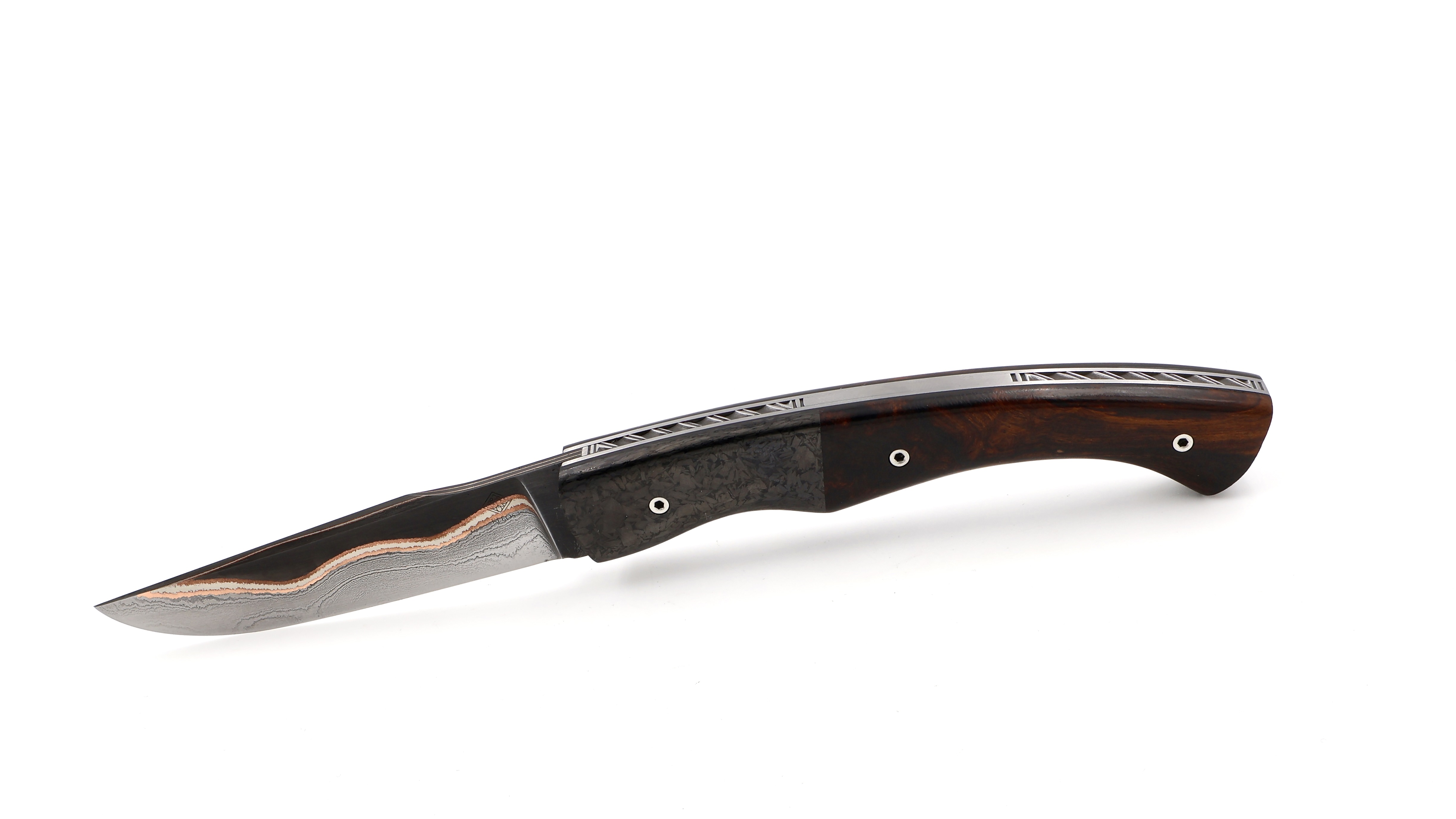 KLEOS Taschenmesser LYKOS Karbon/Wüsteneisen Wurzelholz Baker Forge Volcanic River Damastklinge 
