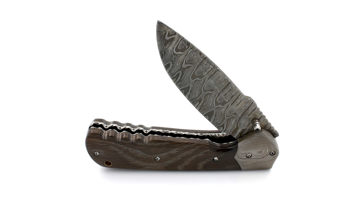 Olivier Moretti  Linerlock Taschenmesser Mooreiche Damastklinge  Olivier Moretti  Linerlock Taschenmesser Mooreiche Damastklinge