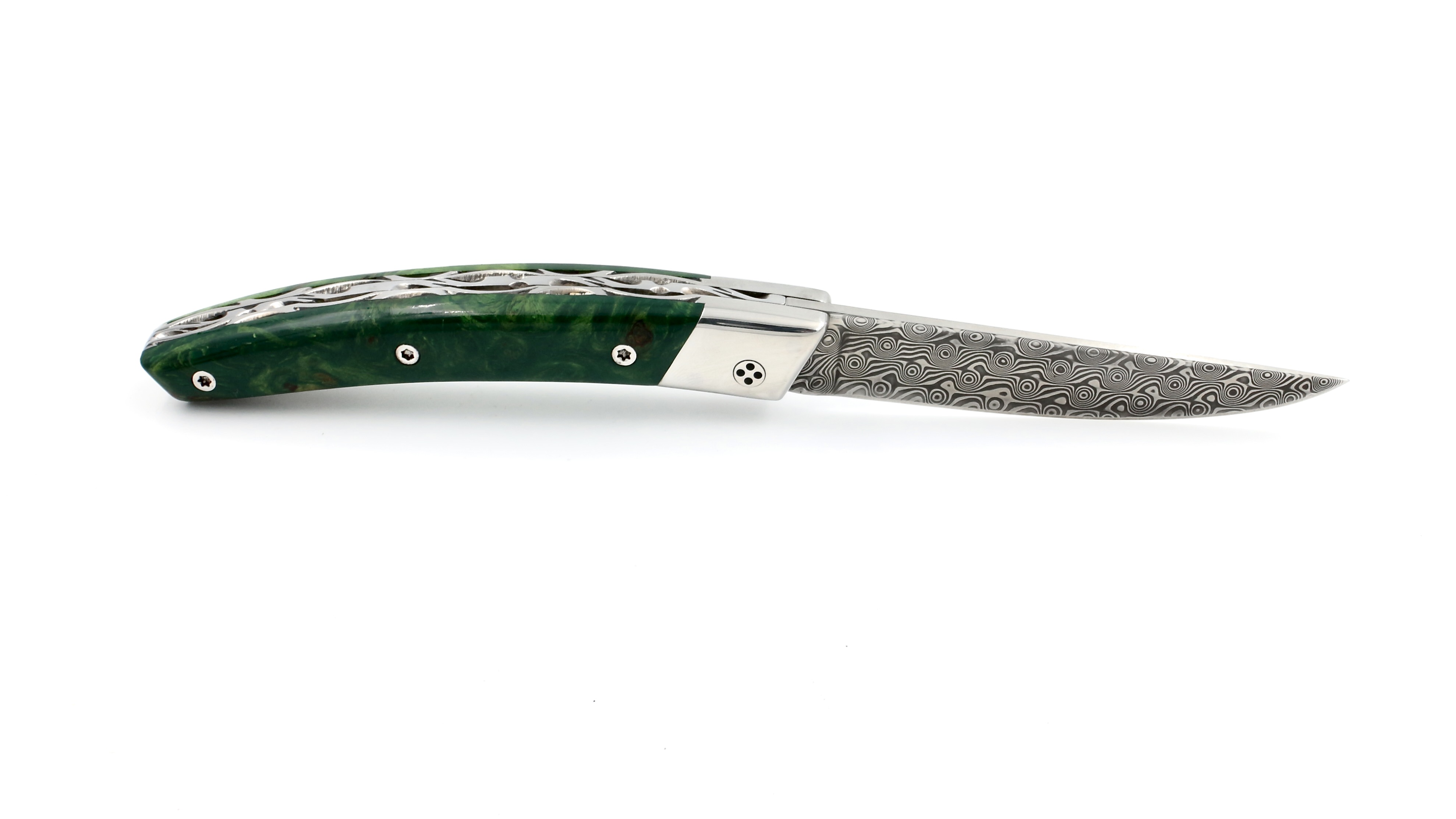 Claude DOZORME Thiers RLT poplar burl green damascus blade Claude DOZORME Thiers RLT poplar burl green damascus blade