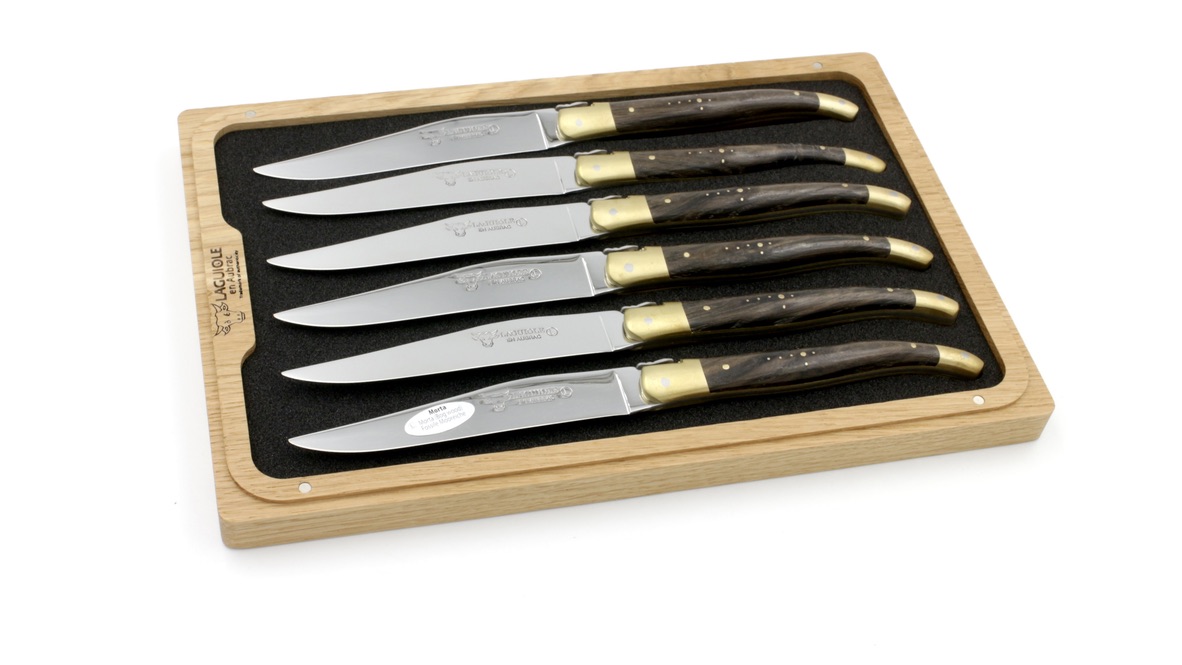 Laguiole en Aubrac fossile Mooreiche Messing Laguiole Steakmesser-Set