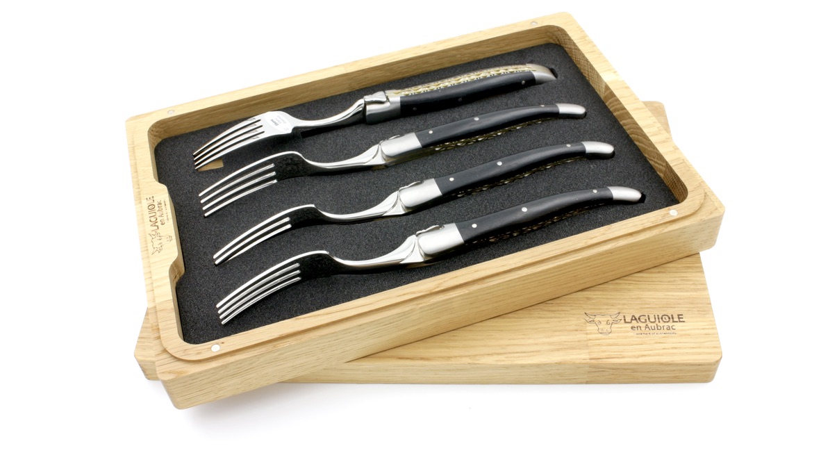 Laguiole en Aubrac Laguiole Tafelgabel Doppelplatinen Ebenholz matt Set 4-teilig