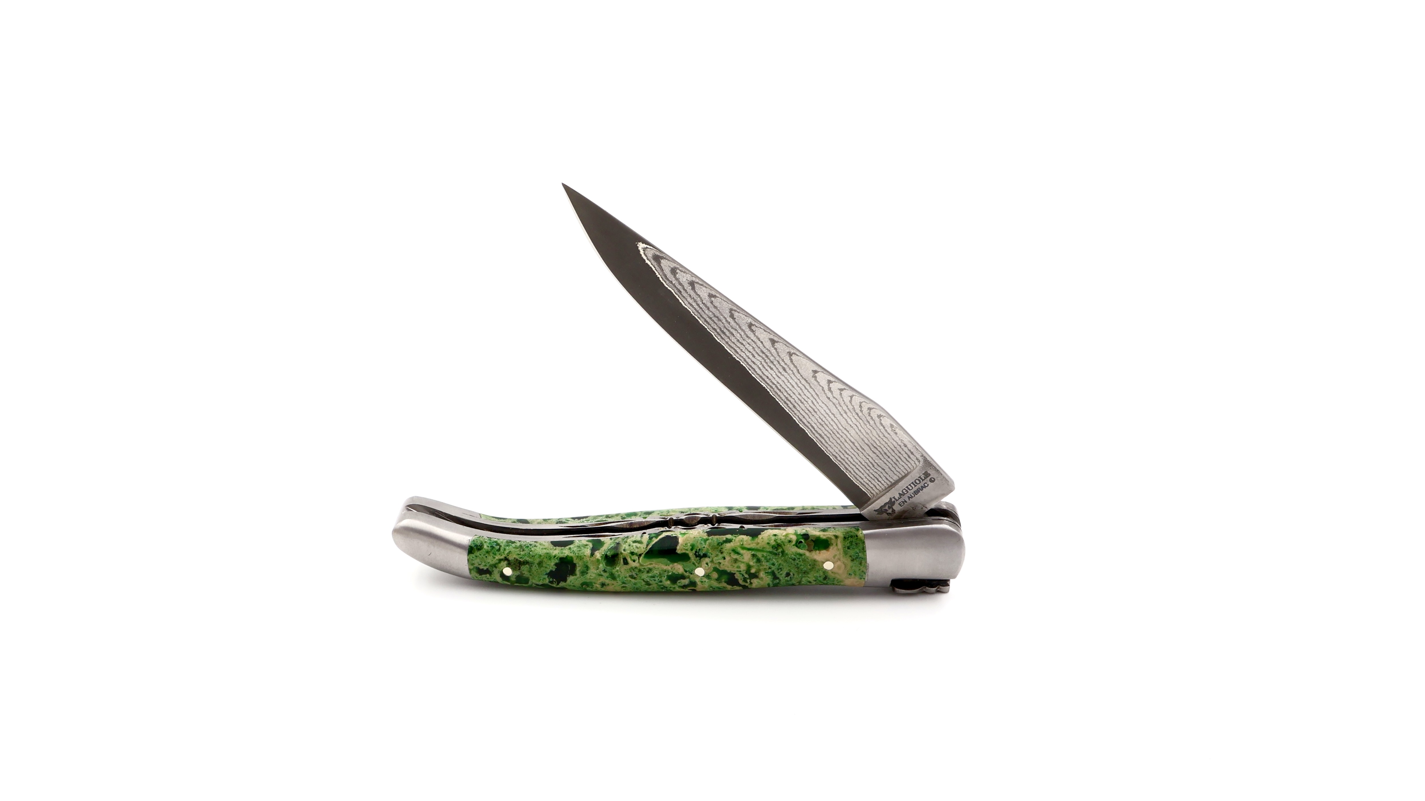 Laguiole en Aubrac Laguiole  VG10 damascus knife green lavastone doubelplates 12 cm